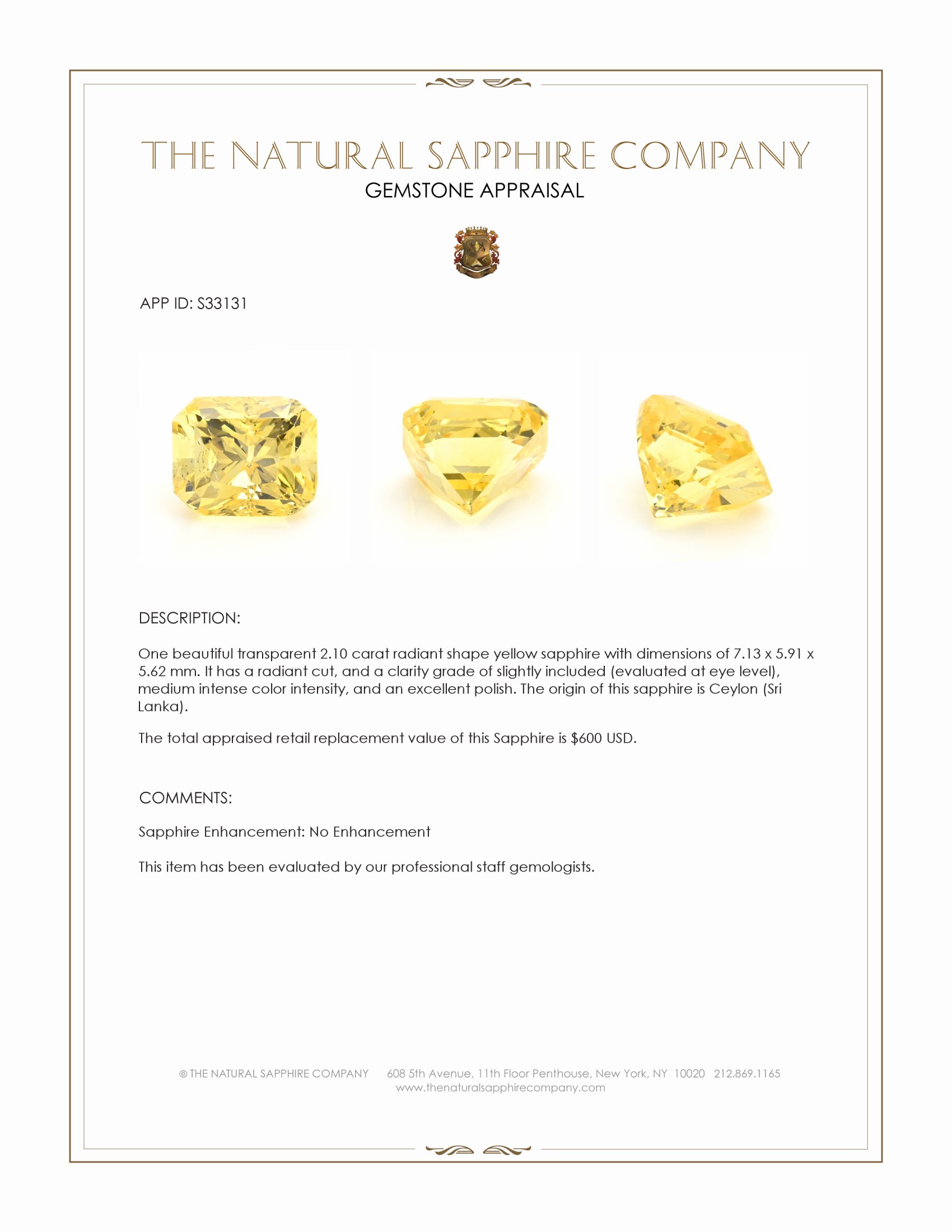 2.10 Ct. Yellow Sapphire from Ceylon (Sri Lanka)
