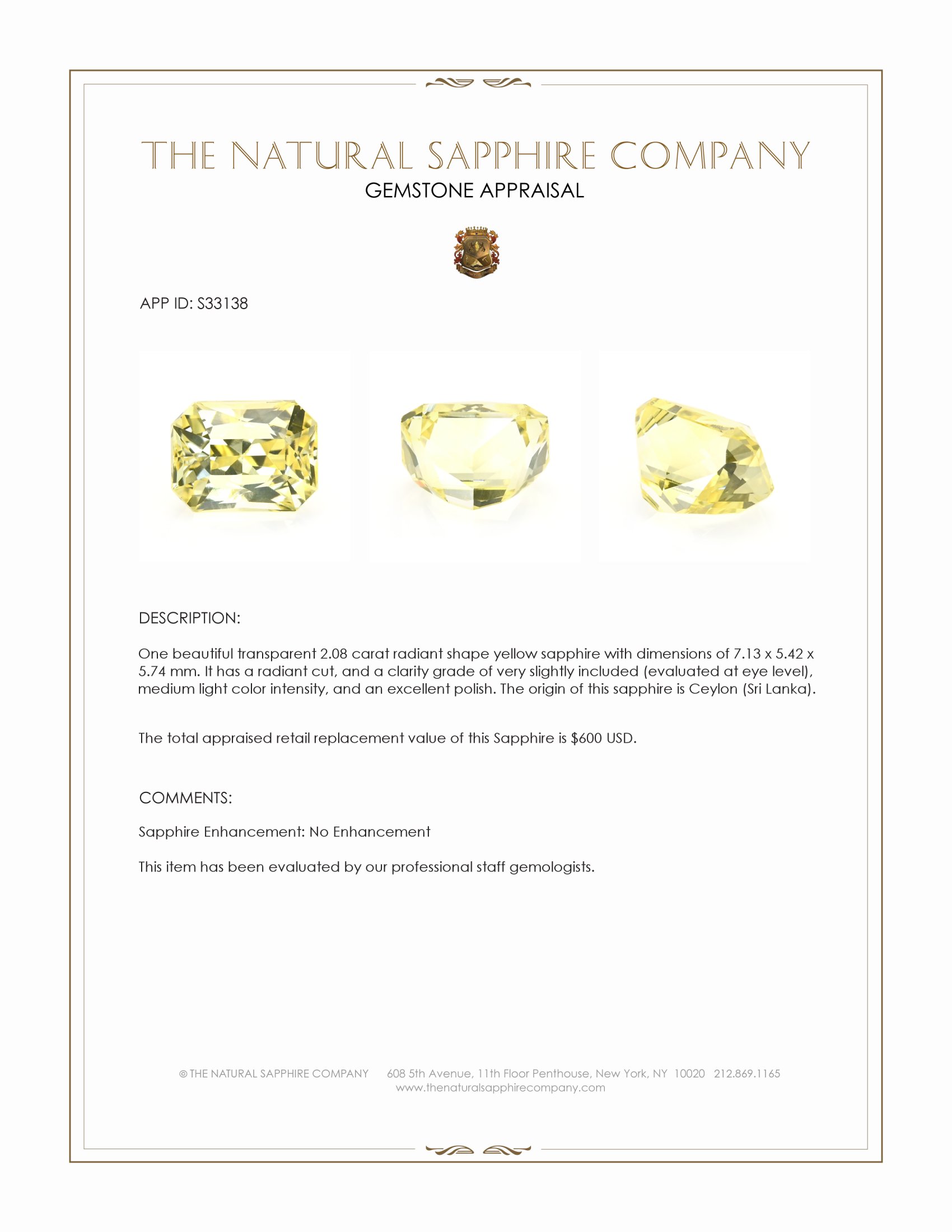 2.08 Ct. Yellow Sapphire from Ceylon (Sri Lanka)