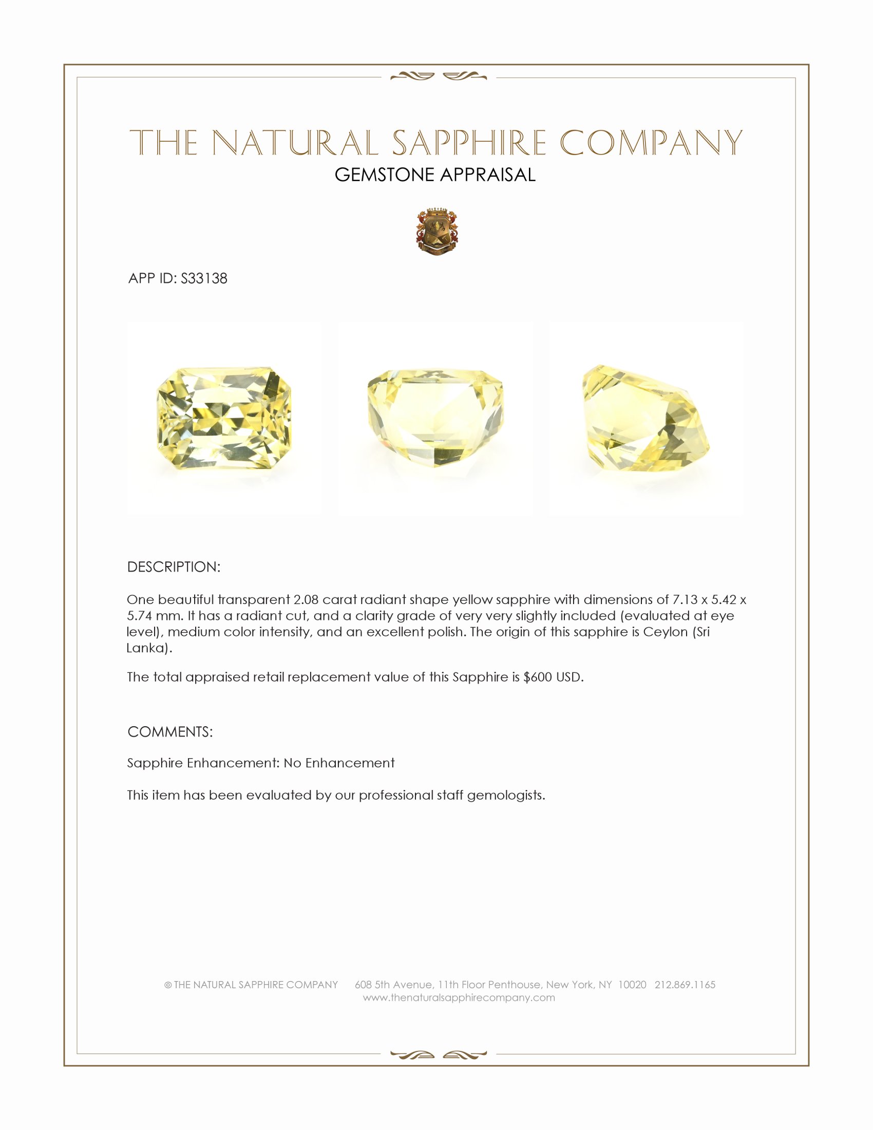 2.08 Ct. Yellow Sapphire from Ceylon (Sri Lanka)