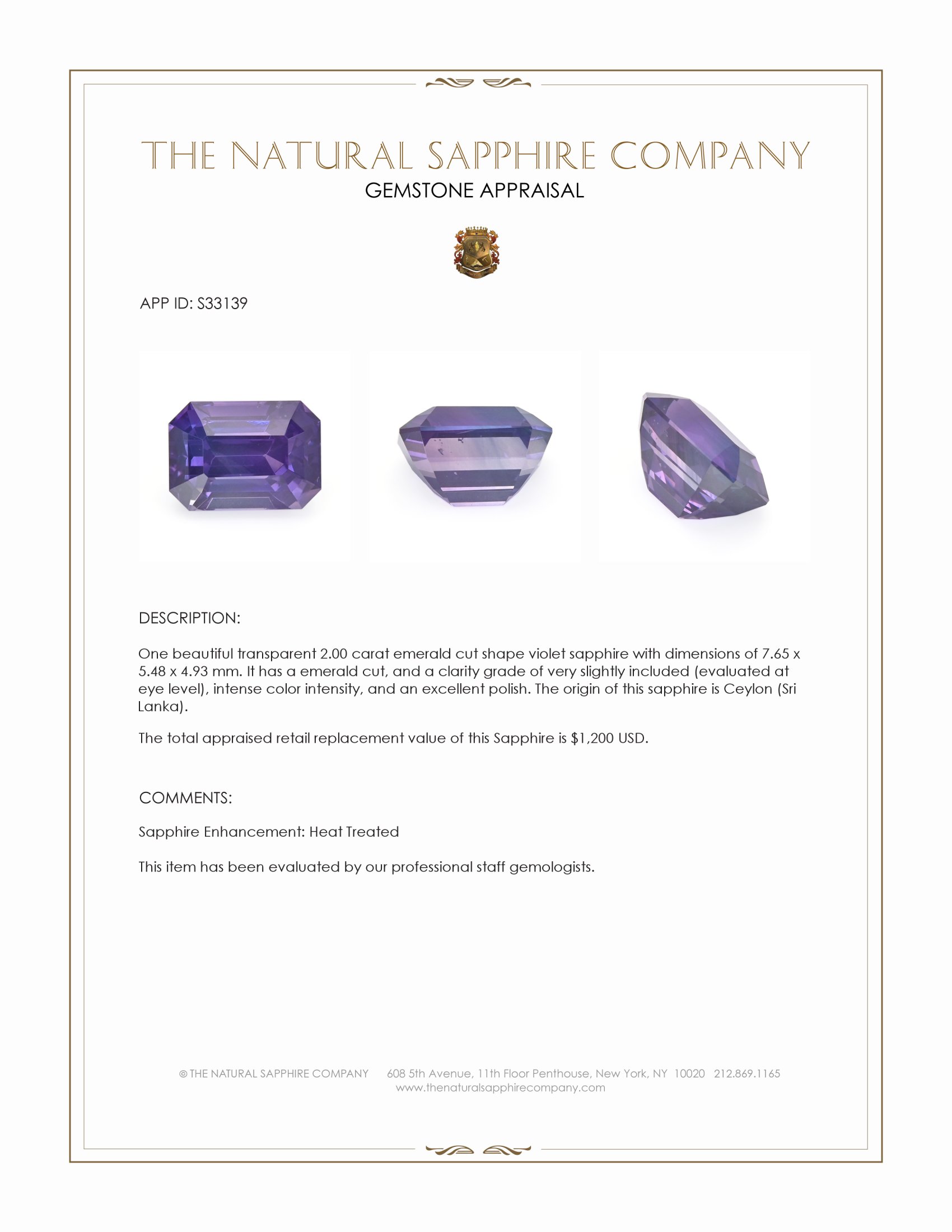 2.00 Ct. Violet Sapphire from Ceylon (Sri Lanka)