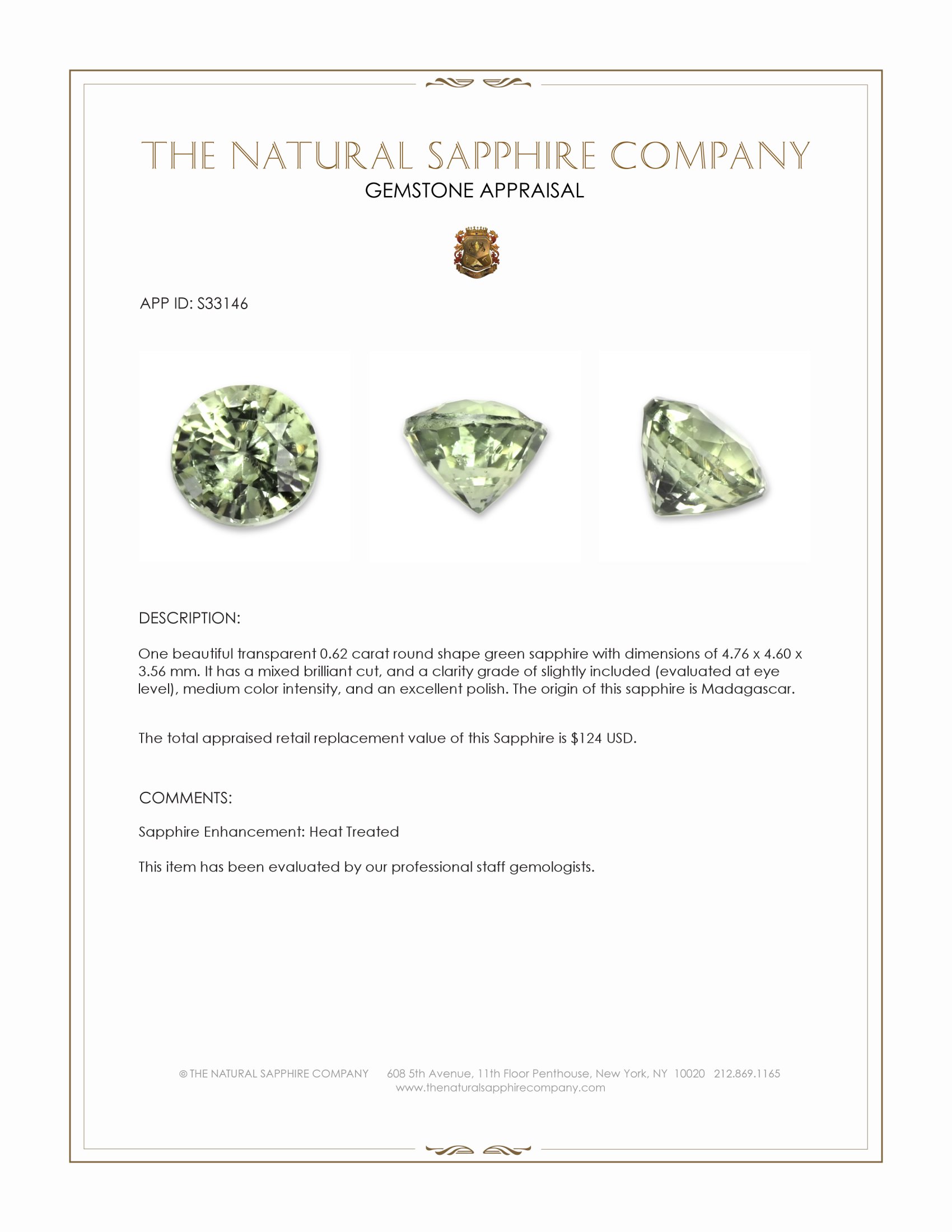 0.62 Ct. Green Sapphire from Madagascar