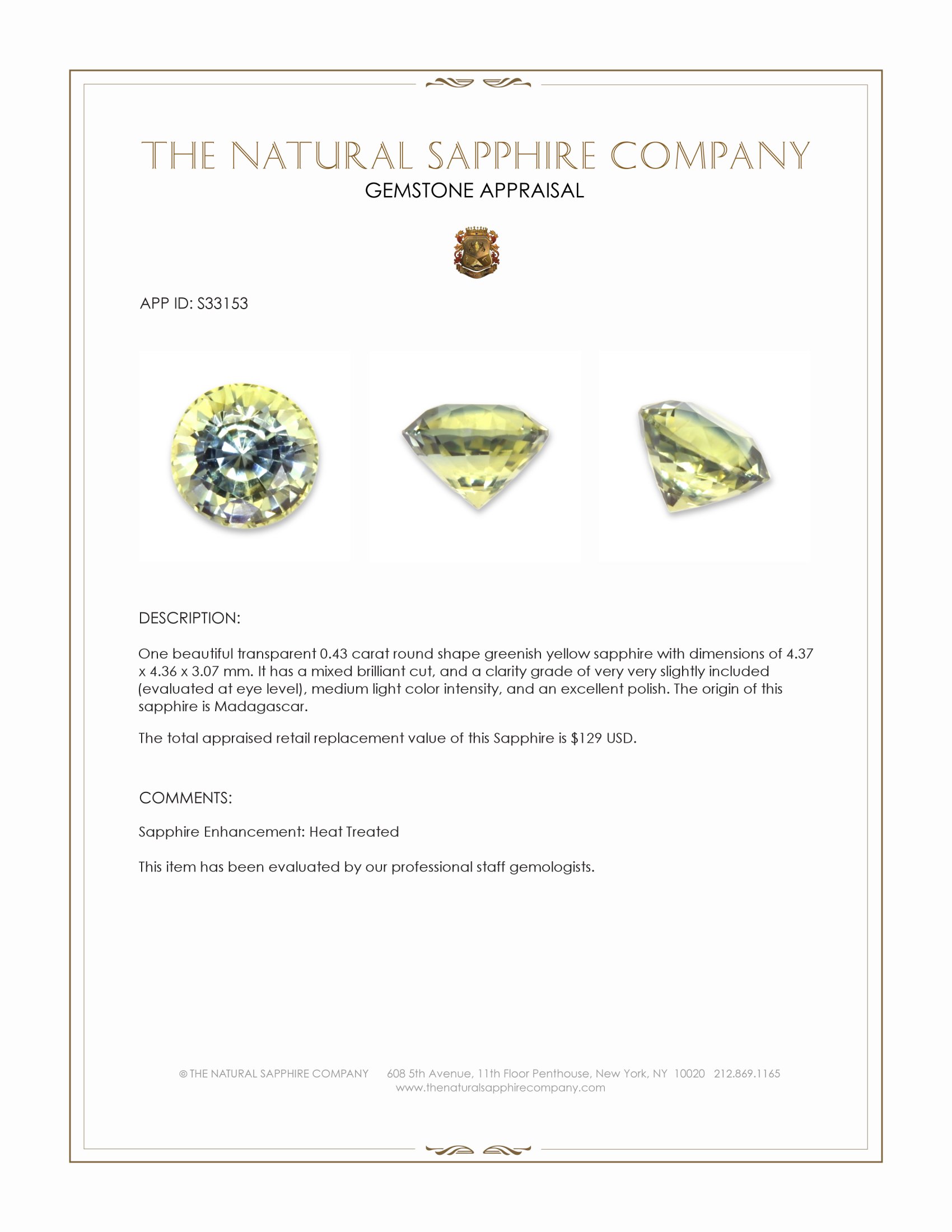 0.43 Ct. Greenish Yellow Sapphire from Madagascar