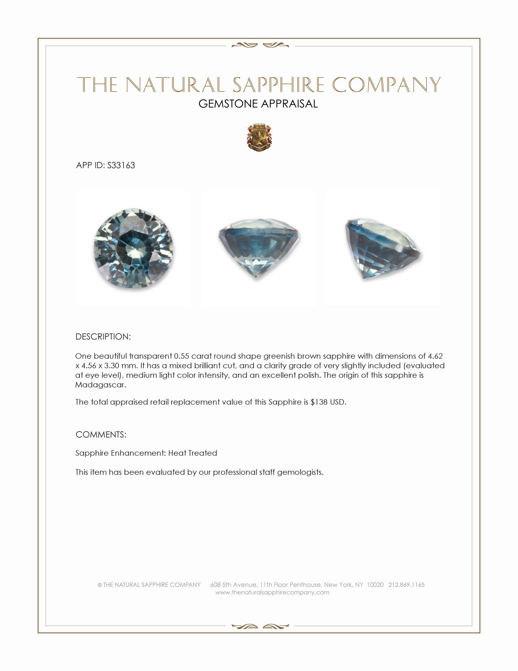 0.55 Ct. Greenish Brown Sapphire from Madagascar