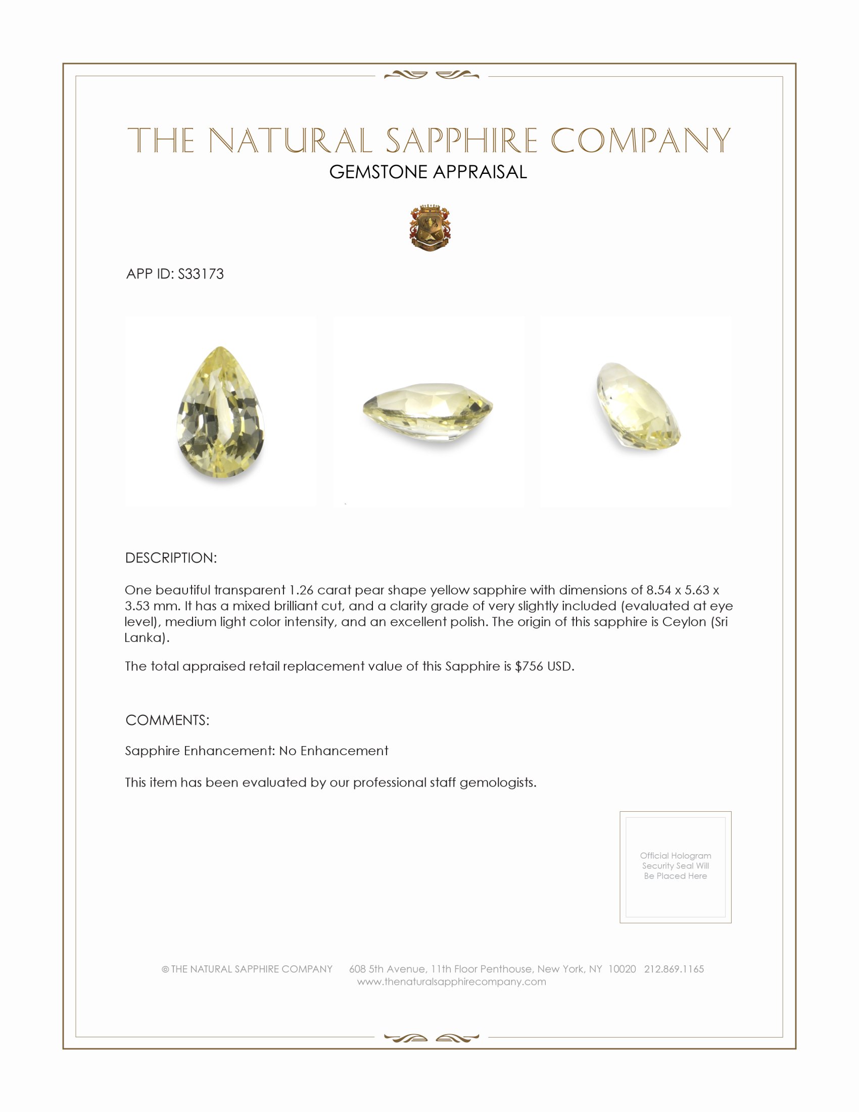 1.26 Ct. Yellow Sapphire from Ceylon (Sri Lanka)