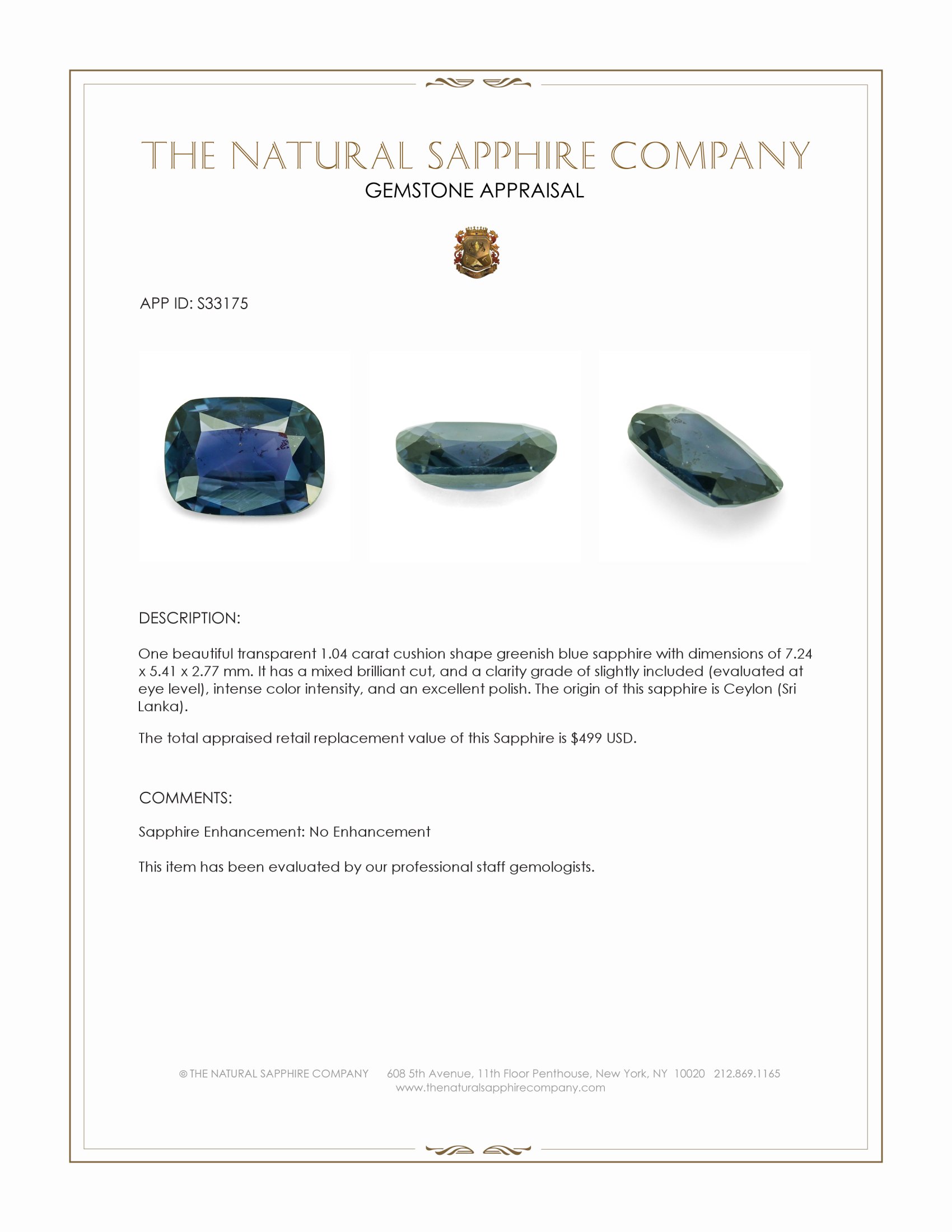 1.04 Ct. Greenish Blue Sapphire from Ceylon (Sri Lanka)