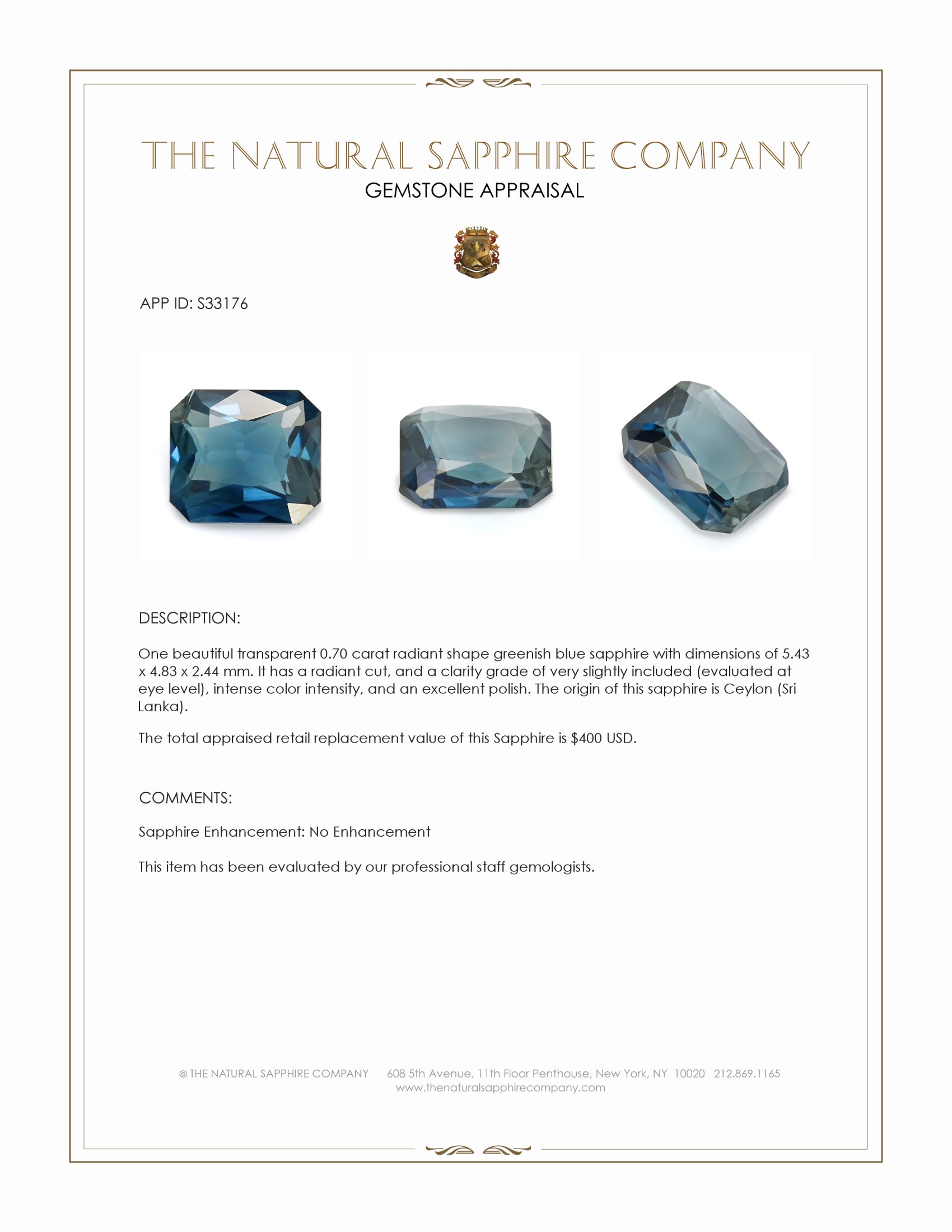 0.70 Ct. Greenish Blue Sapphire from Ceylon (Sri Lanka)