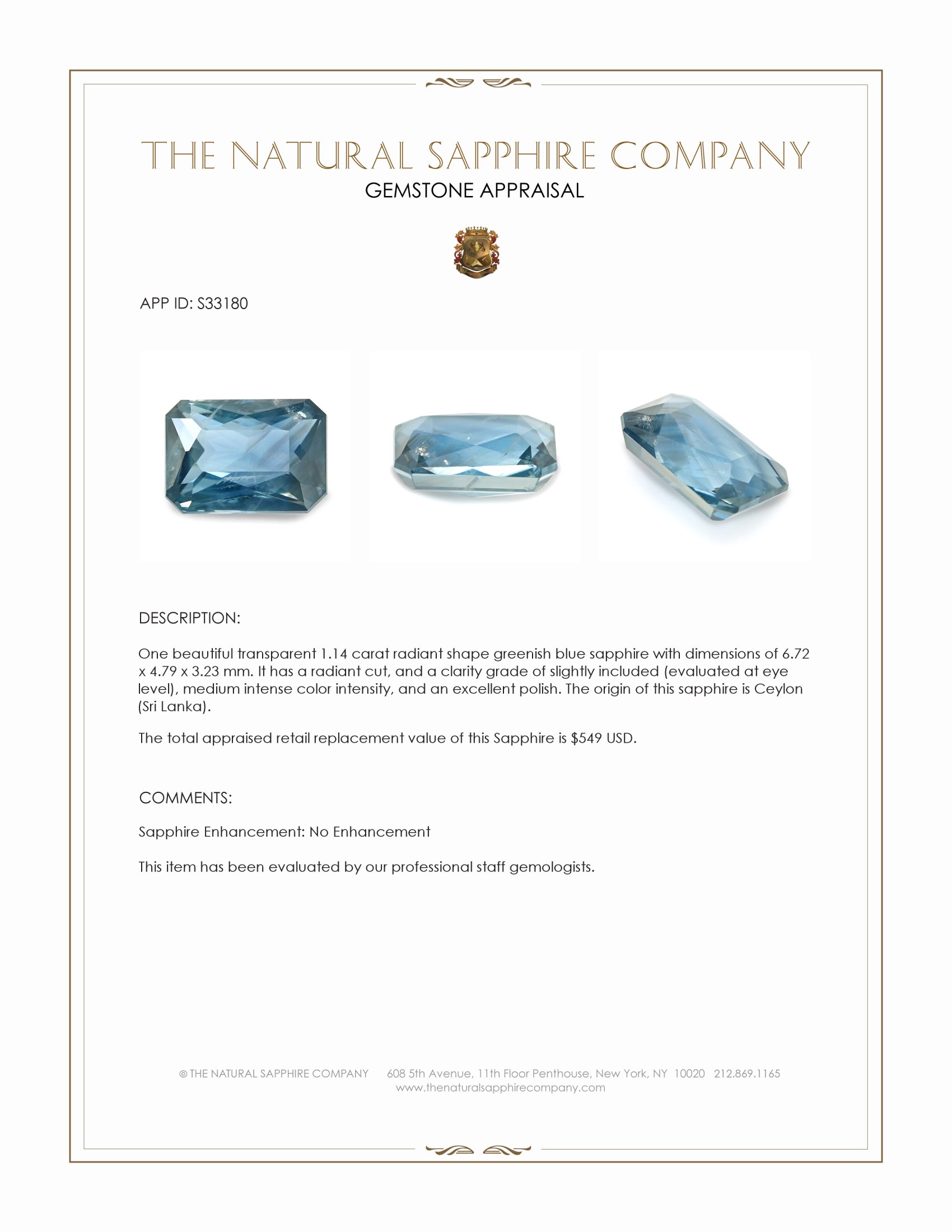 1.14 Ct. Greenish Blue Sapphire from Ceylon (Sri Lanka)