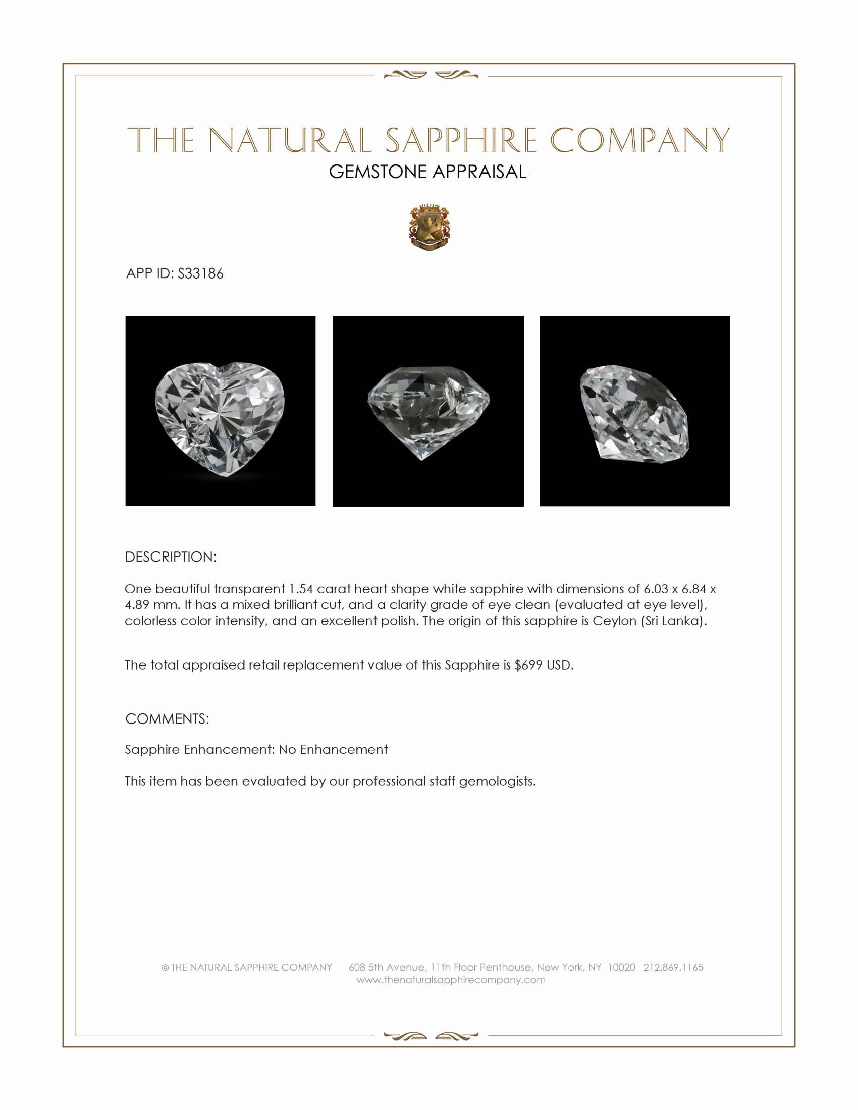 1.54 Ct. White Sapphire from Ceylon (Sri Lanka)