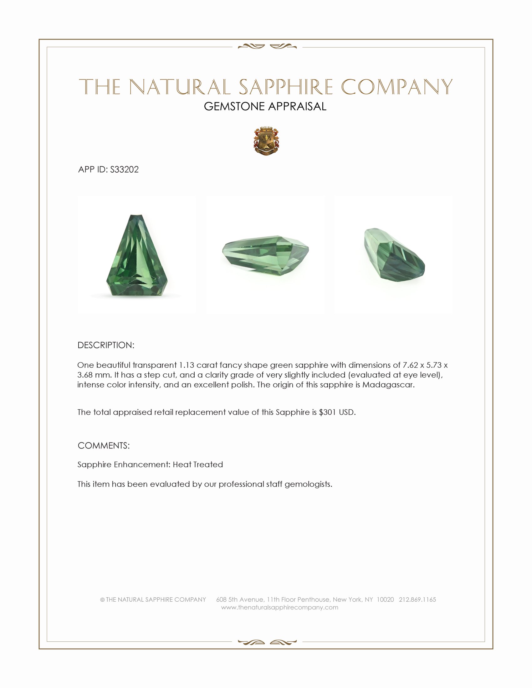 1.13 Ct. Green Sapphire from Madagascar