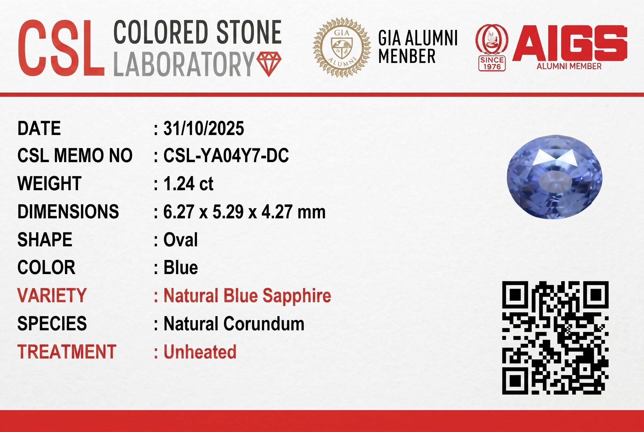 1.24 Ct. Blue Sapphire from Ceylon (Sri Lanka)