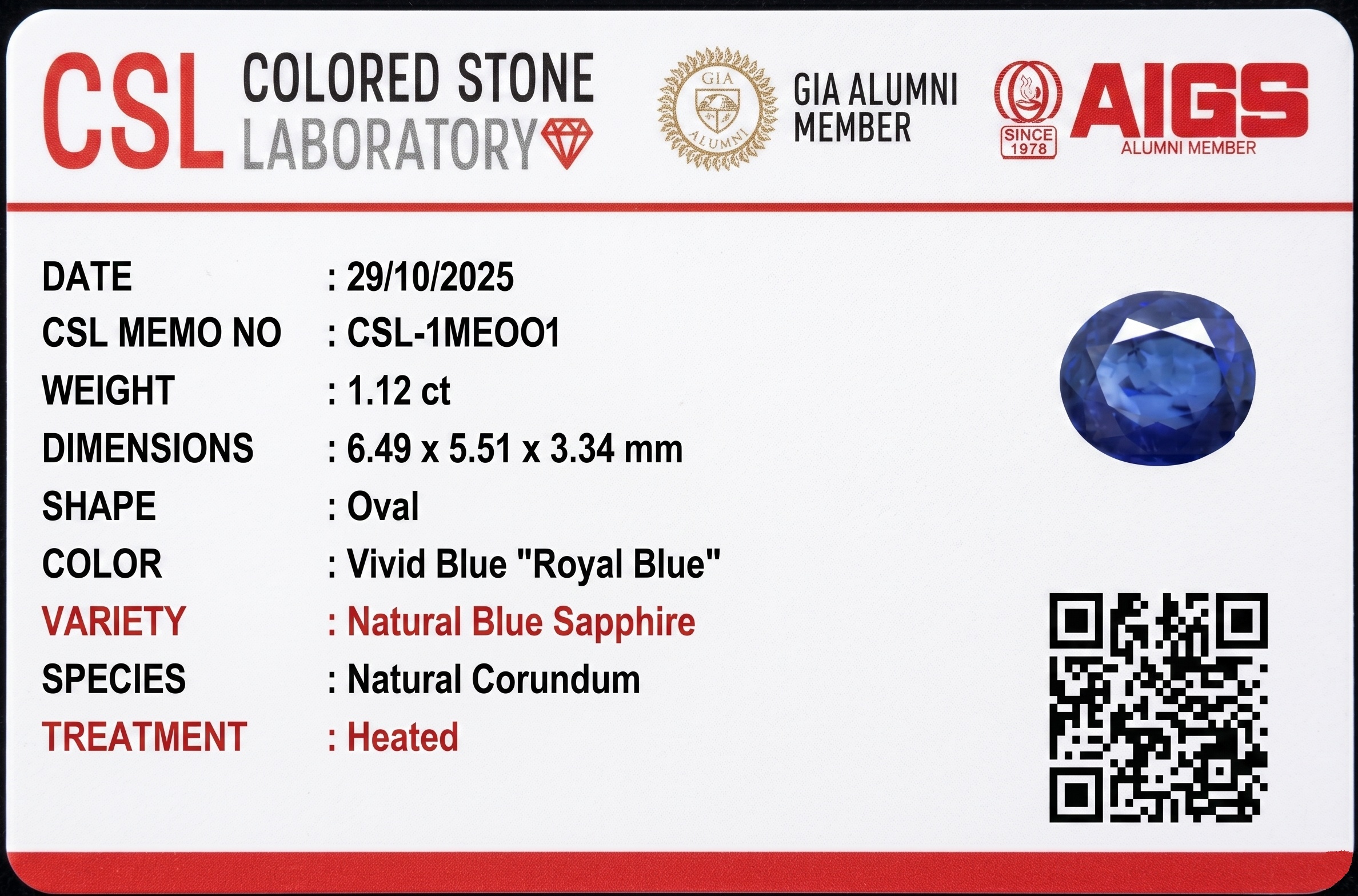 1.10 Ct. Blue Sapphire from Ceylon (Sri Lanka)