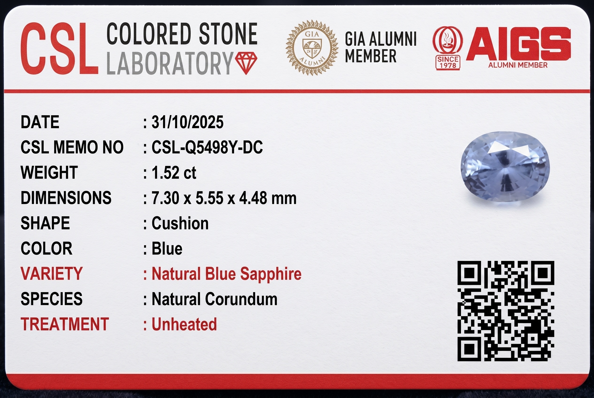 1.51 Ct. Blue Sapphire from Ceylon (Sri Lanka)