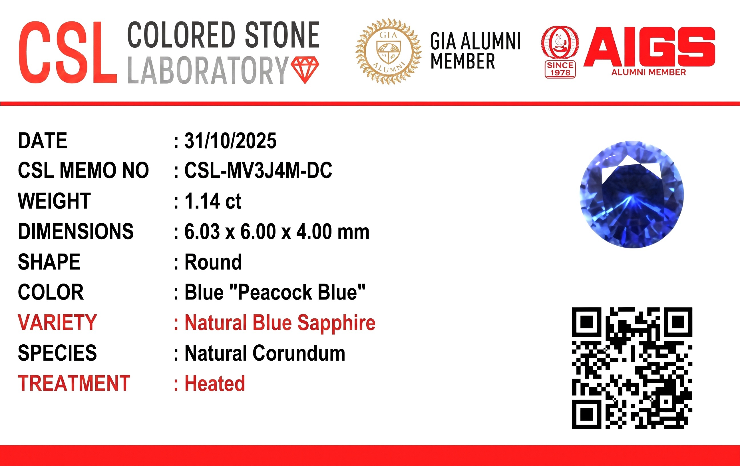 1.12 Ct. Blue Sapphire from Ceylon (Sri Lanka)