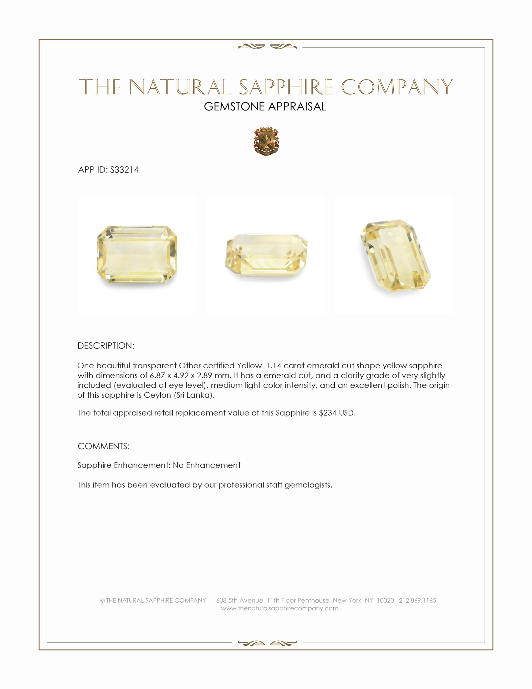 1.14 Ct. Yellow Sapphire from Ceylon (Sri Lanka)