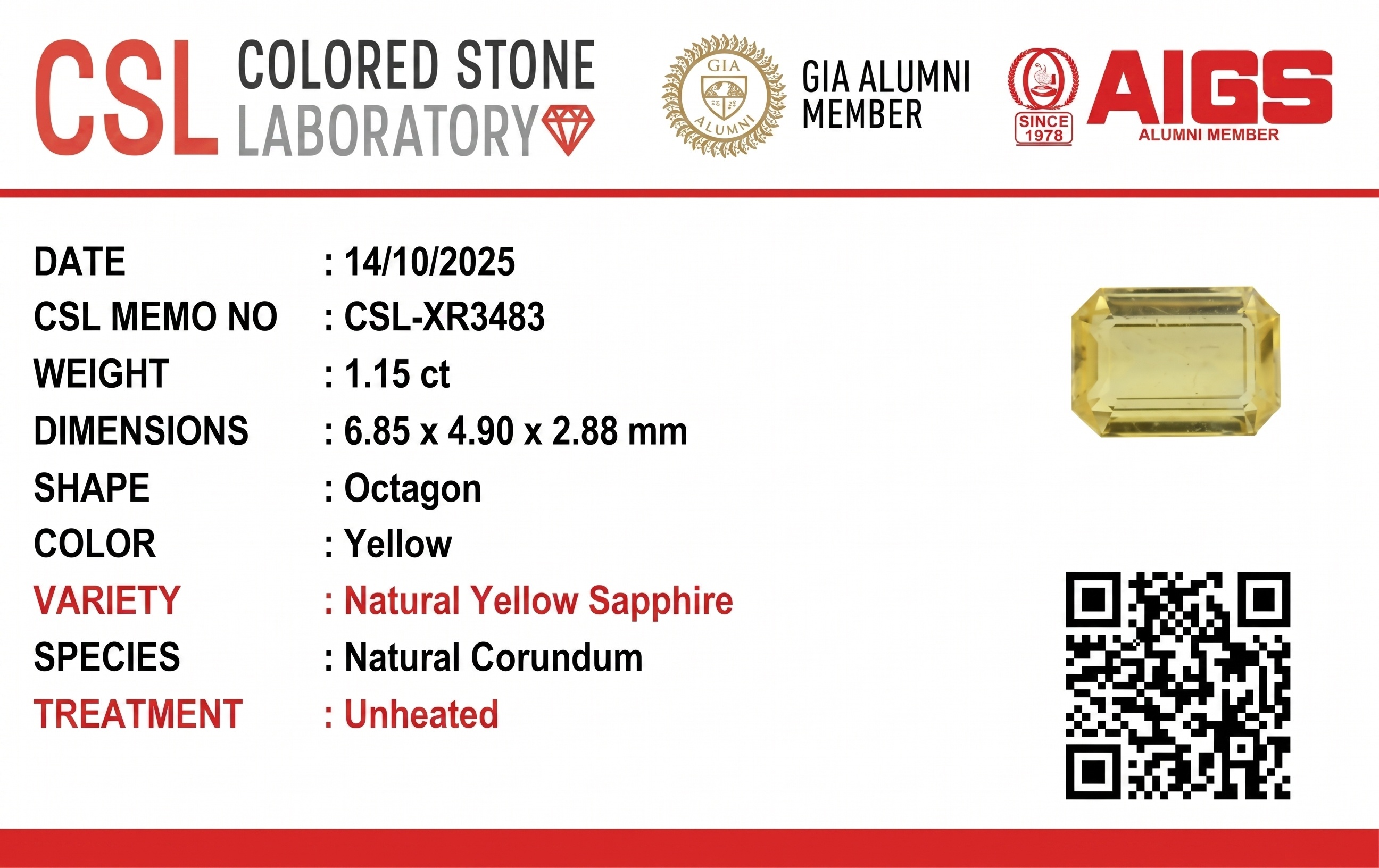 1.14 Ct. Yellow Sapphire from Ceylon (Sri Lanka)