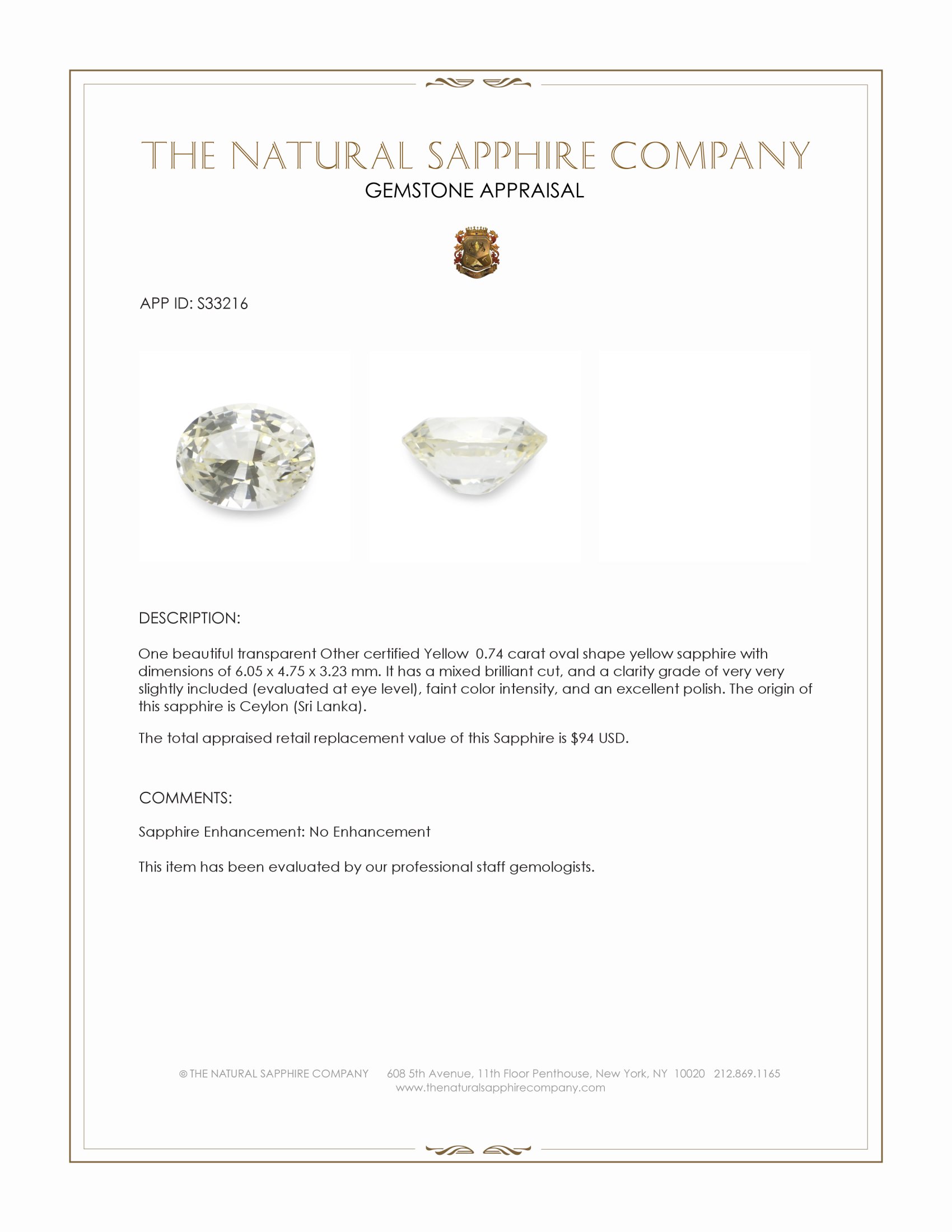 0.74 Ct. Yellow Sapphire from Ceylon (Sri Lanka)