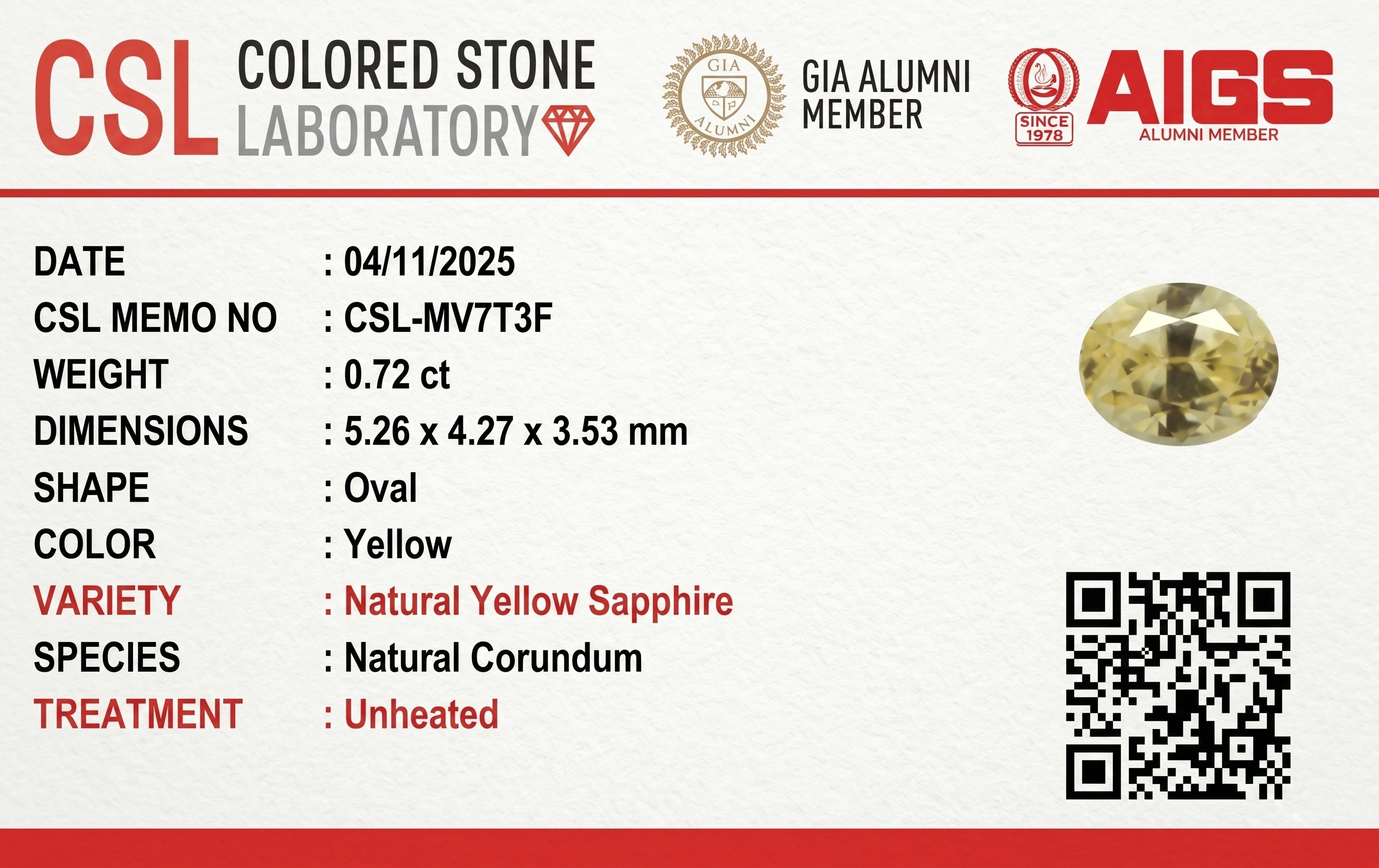 0.72 Ct. Yellow Sapphire from Ceylon (Sri Lanka)