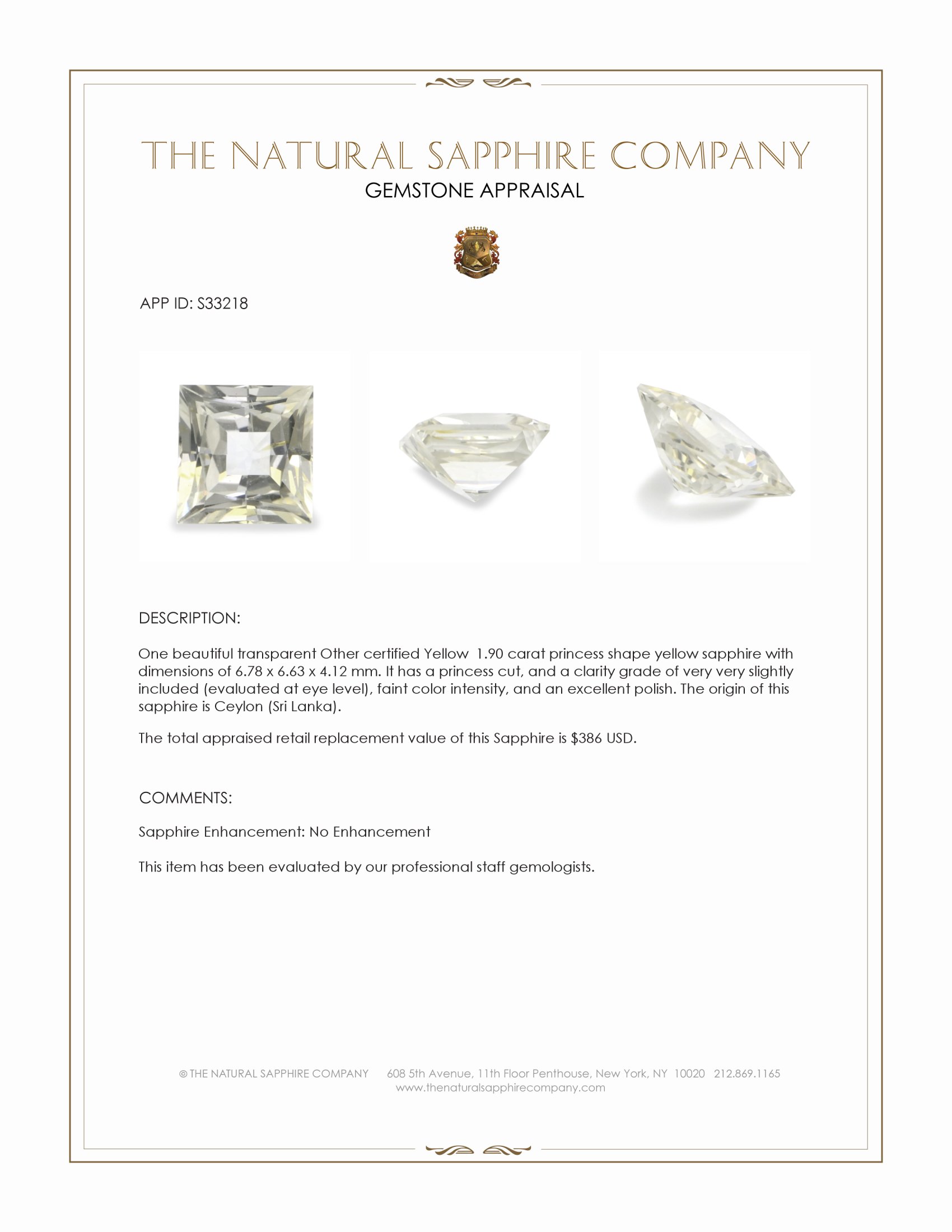1.90 Ct. Yellow Sapphire from Ceylon (Sri Lanka)