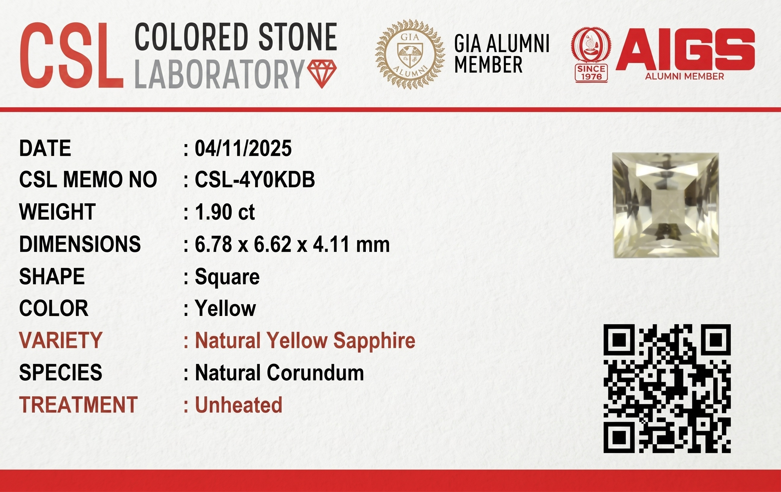 1.90 Ct. Yellow Sapphire from Ceylon (Sri Lanka)