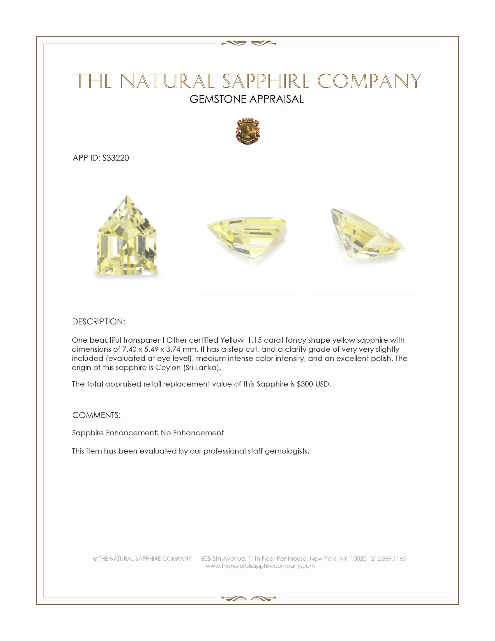 1.15 Ct. Yellow Sapphire from Ceylon (Sri Lanka)
