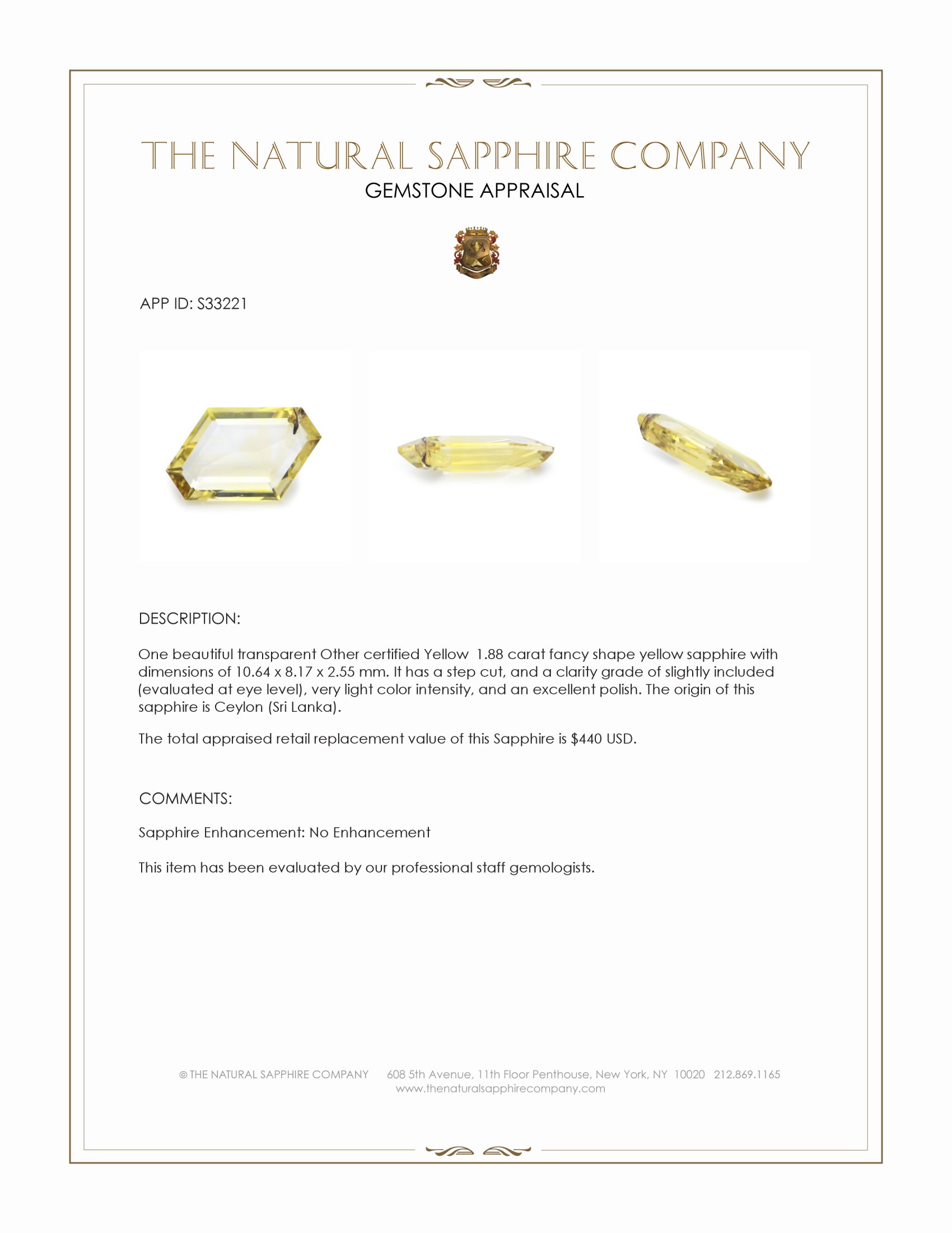 1.88 Ct. Yellow Sapphire from Ceylon (Sri Lanka)