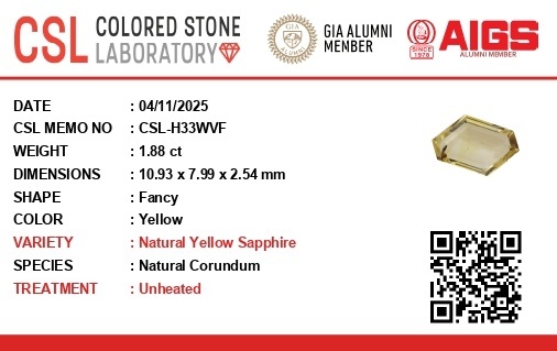 1.88 Ct. Yellow Sapphire from Ceylon (Sri Lanka)