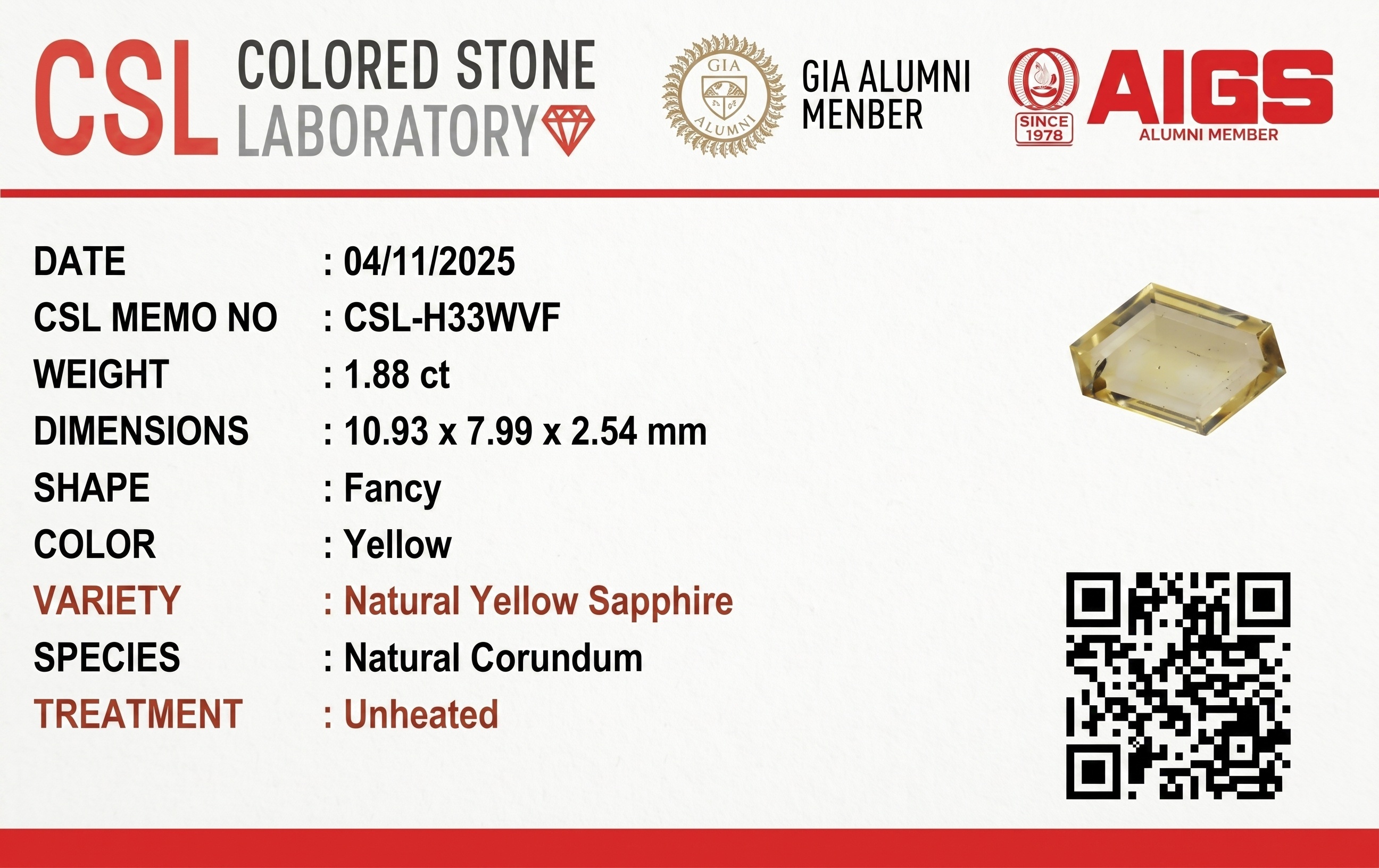 1.88 Ct. Yellow Sapphire from Ceylon (Sri Lanka)