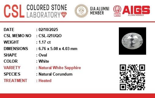 1.16 Ct. White Sapphire from Ceylon (Sri Lanka)