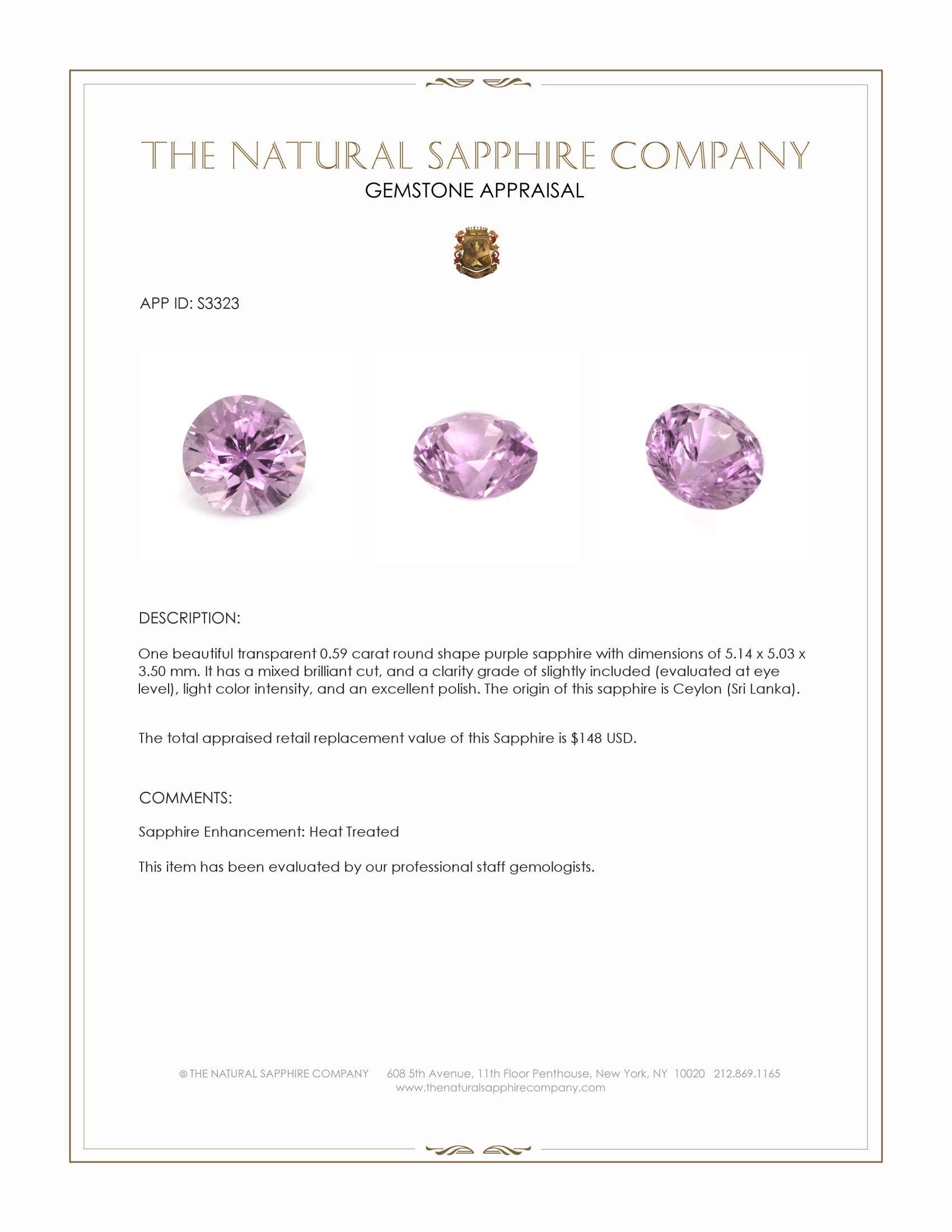 0.59 Ct. Purple Sapphire from Ceylon (Sri Lanka)