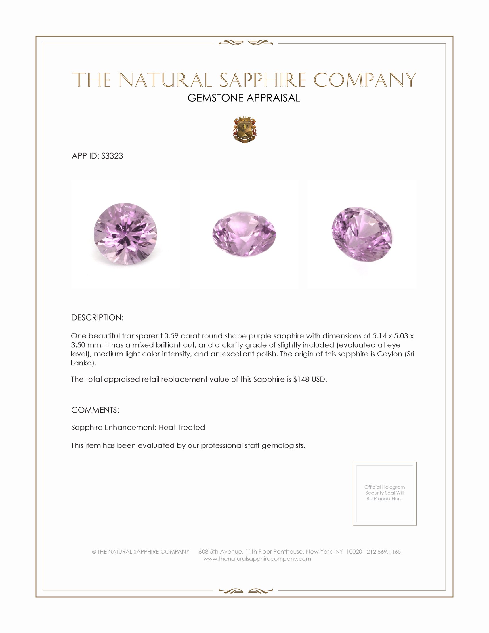 0.59 Ct. Purple Sapphire from Ceylon (Sri Lanka)