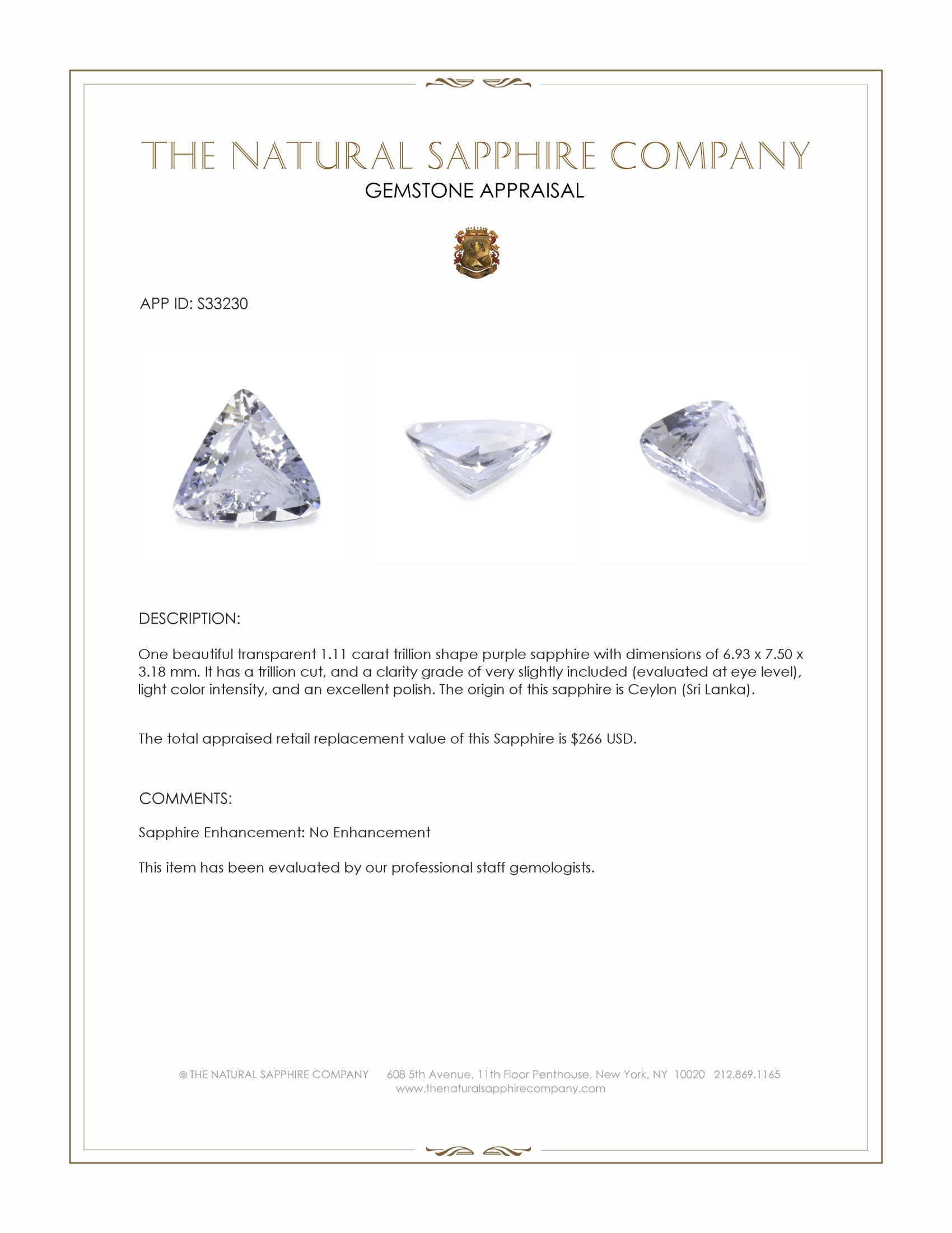 1.11 Ct. Purple Sapphire from Ceylon (Sri Lanka)