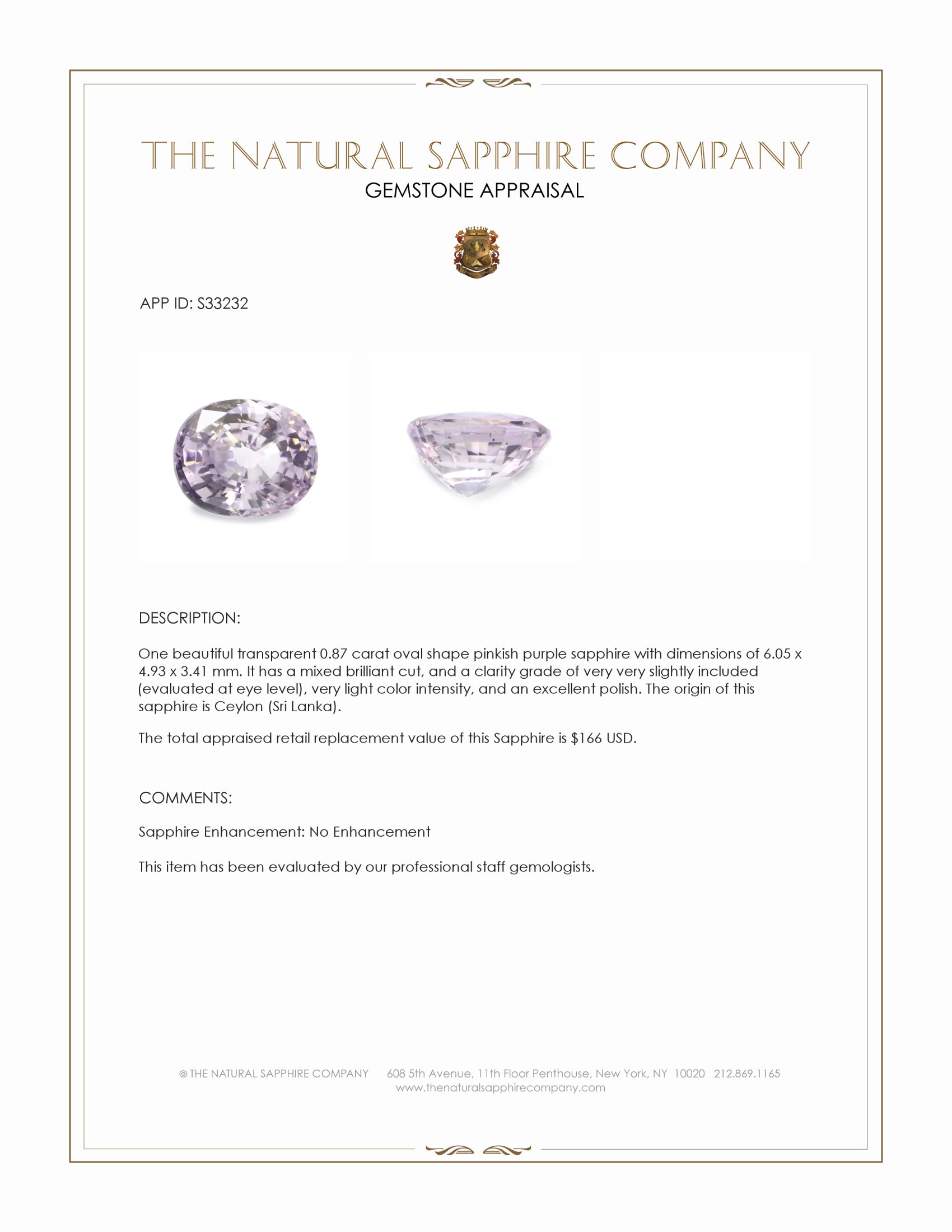 0.87 Ct. Pinkish Purple Sapphire from Ceylon (Sri Lanka)