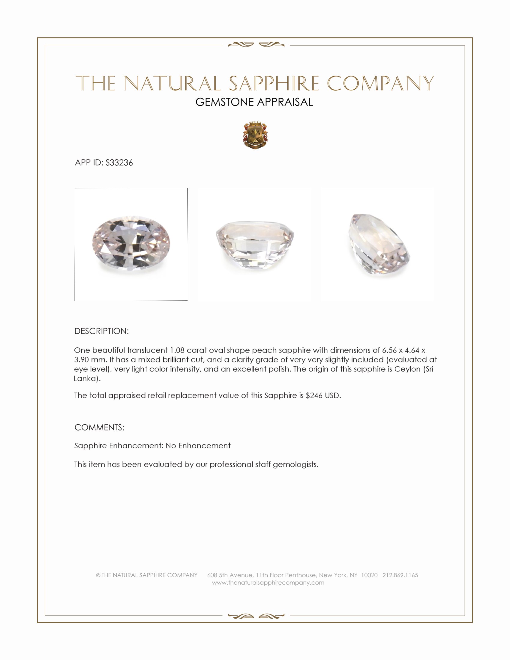 1.08 Ct. Peach Sapphire from Ceylon (Sri Lanka)