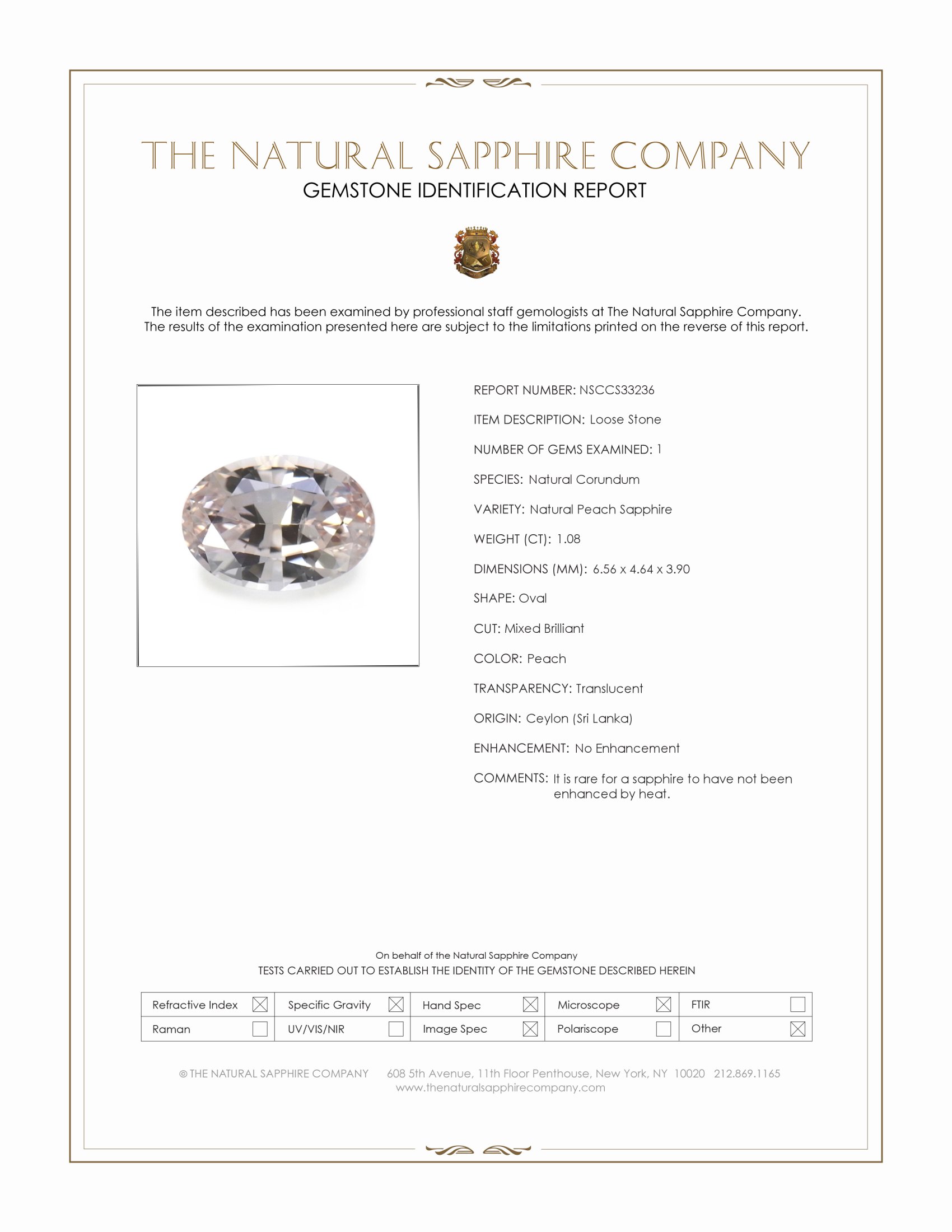 1.08 Ct. Peach Sapphire from Ceylon (Sri Lanka)