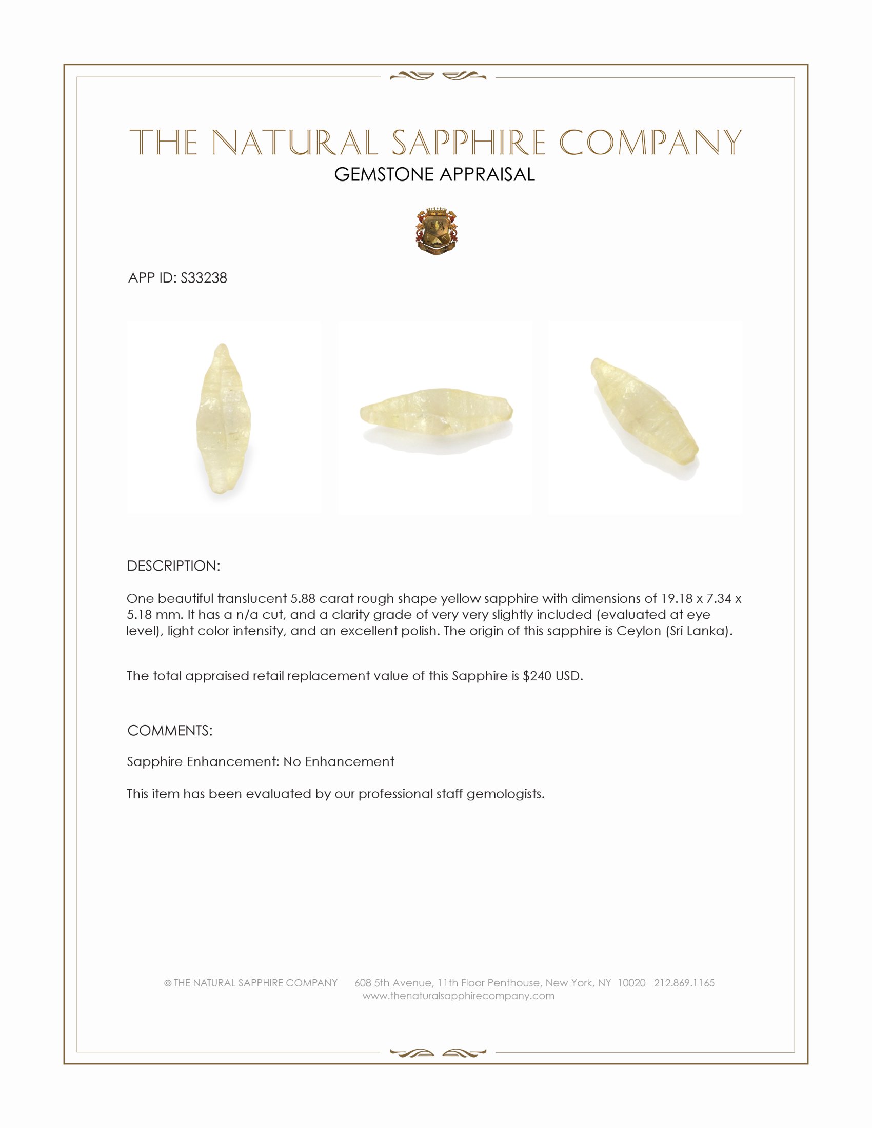 5.88 Ct. Yellow Rough Sapphire from Ceylon (Sri Lanka)