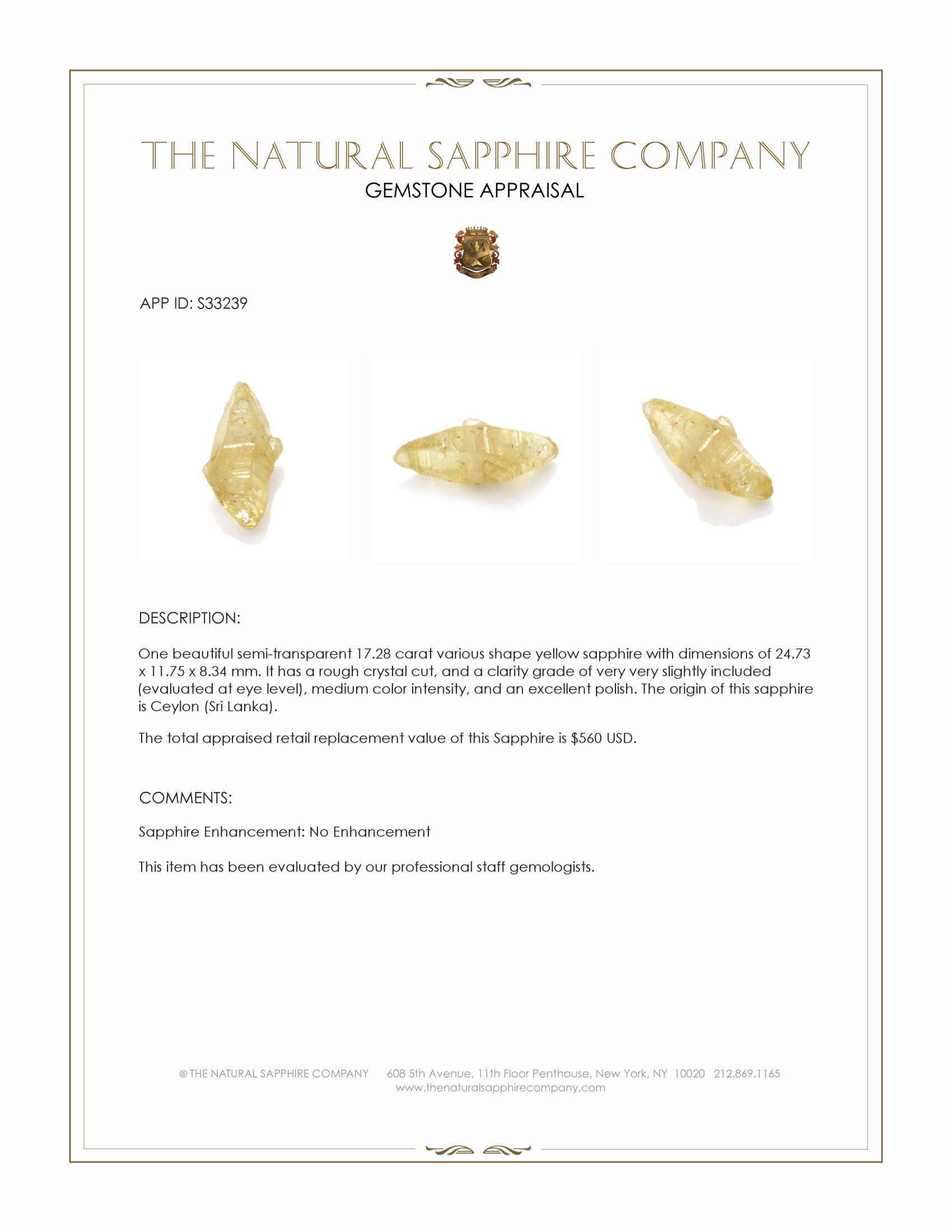 17.28 Ct. Yellow Sapphire Crystal from Ceylon (Sri Lanka)