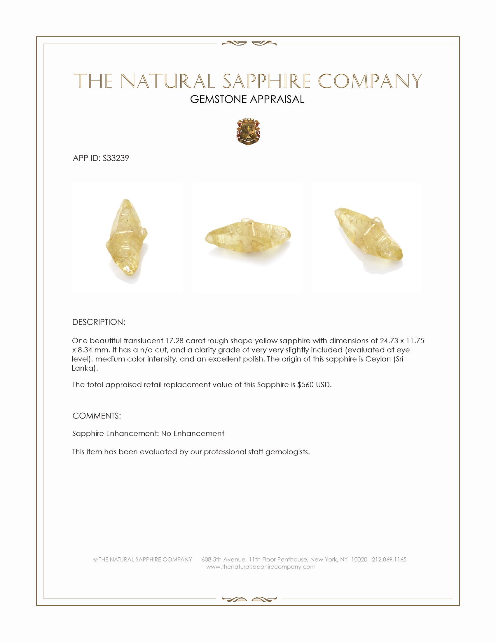 17.28 Ct. Yellow Rough Sapphire from Ceylon (Sri Lanka)