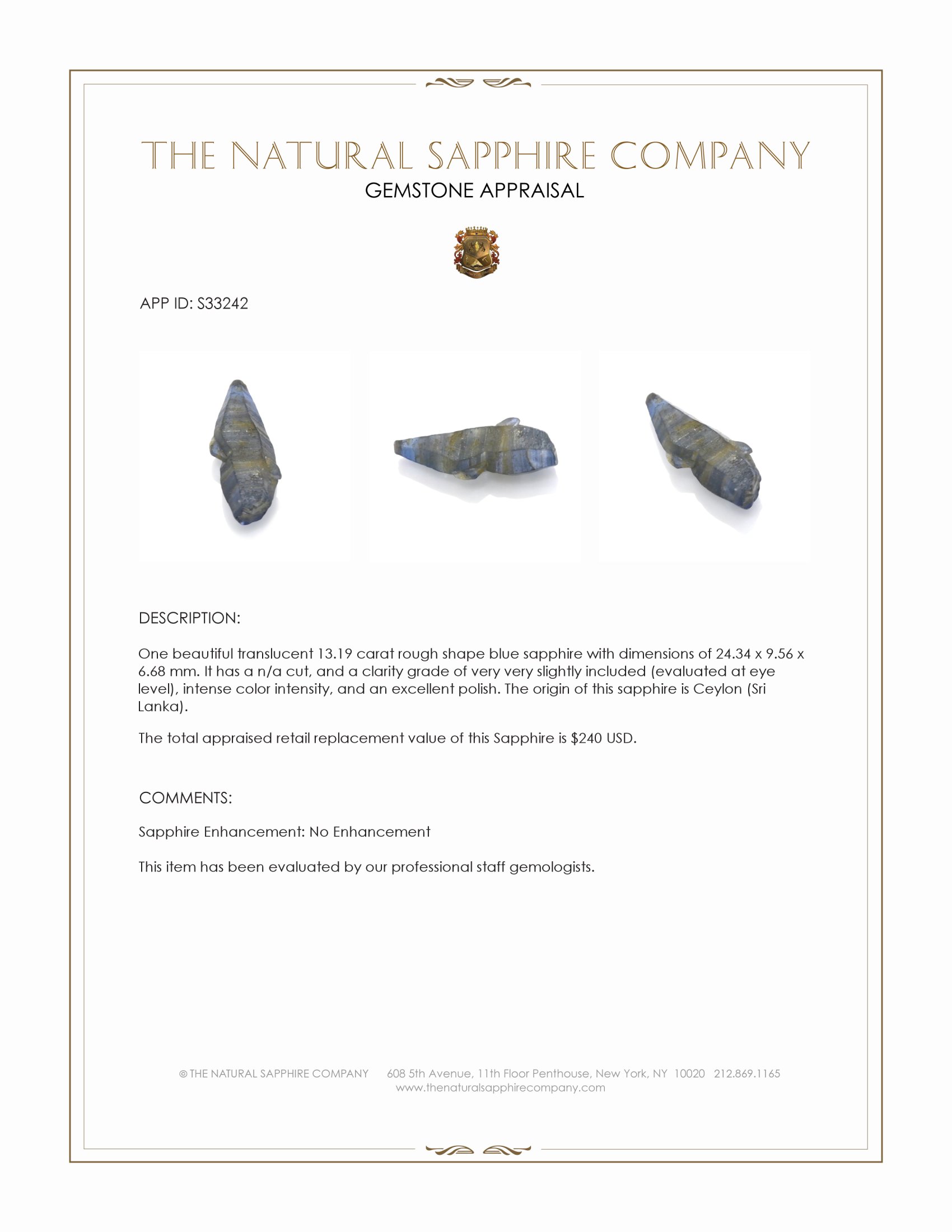 13.19 Ct. Blue Rough Sapphire from Ceylon (Sri Lanka)