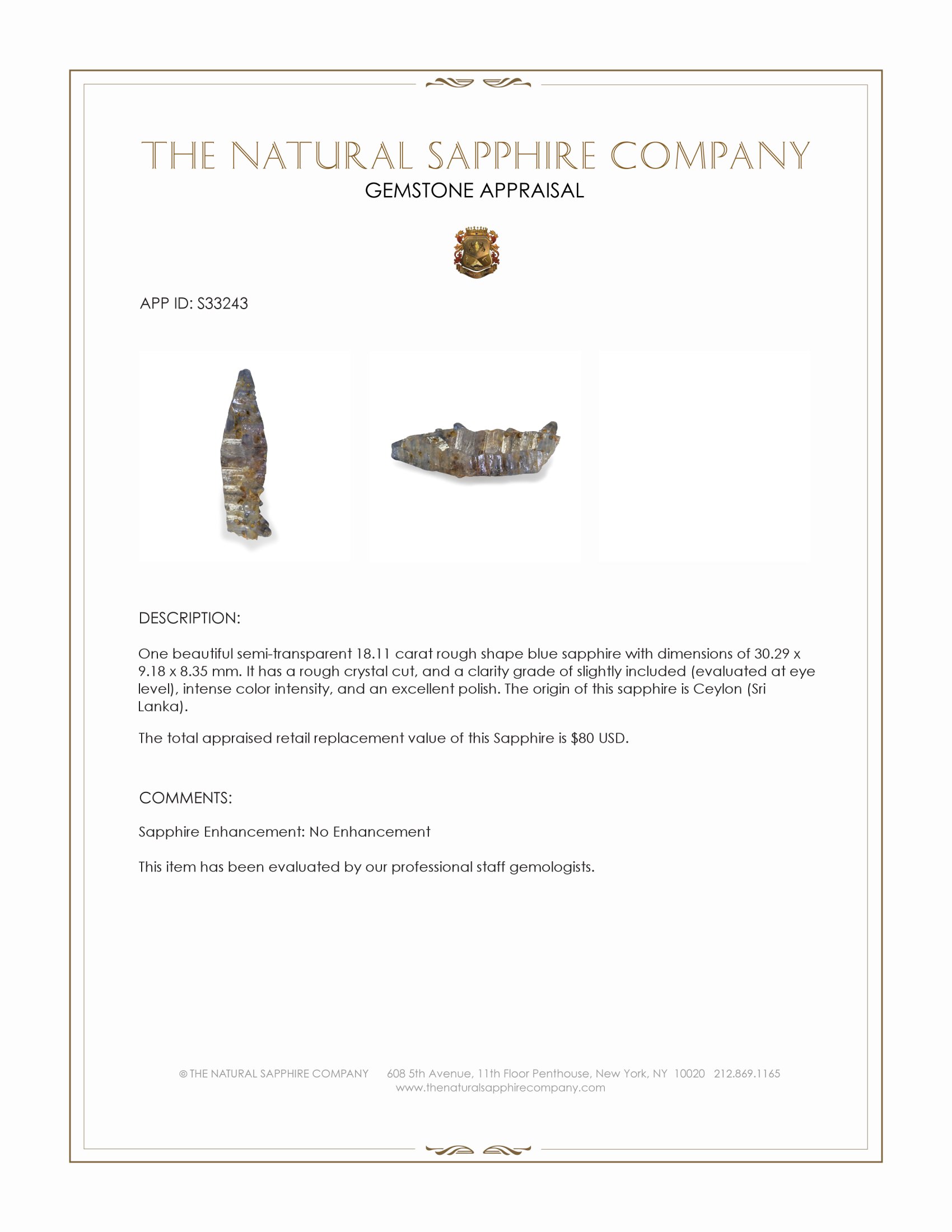 18.11 Ct. Blue Rough Sapphire from Ceylon (Sri Lanka)