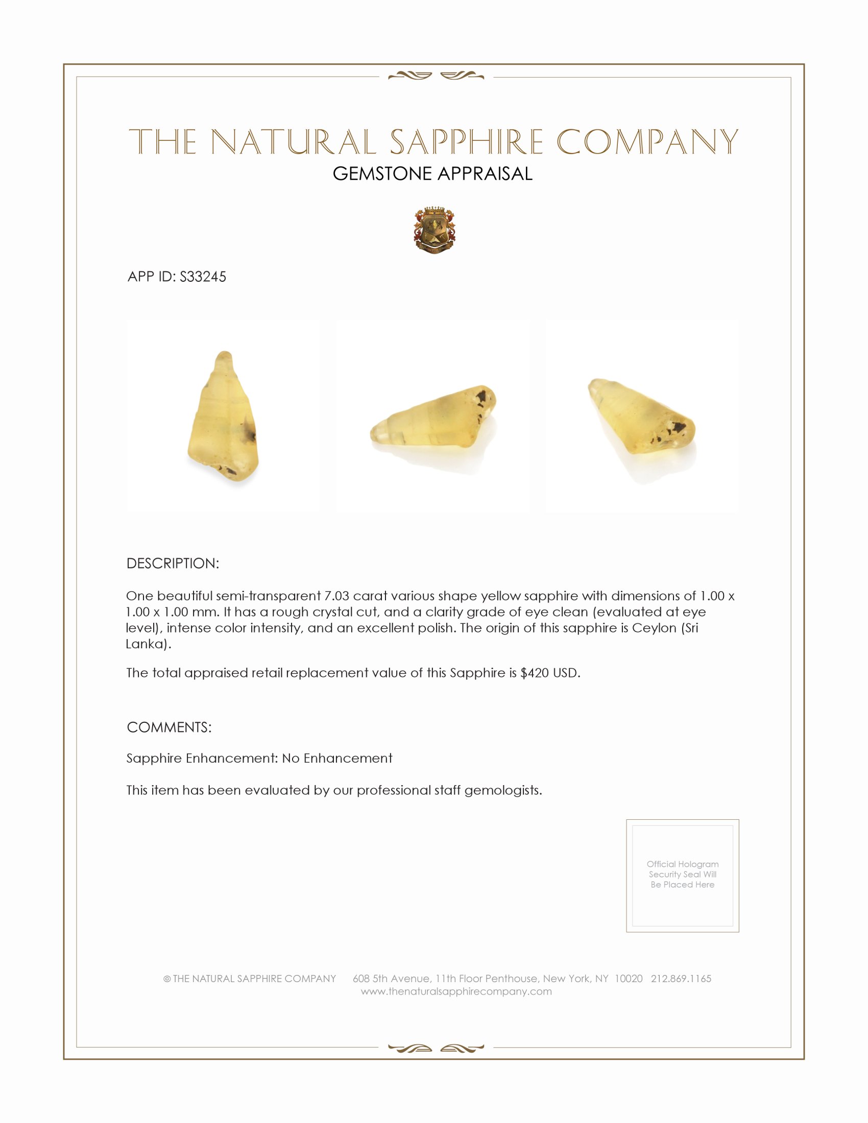 7.03 Ct. Yellow Sapphire Crystal from Ceylon (Sri Lanka)