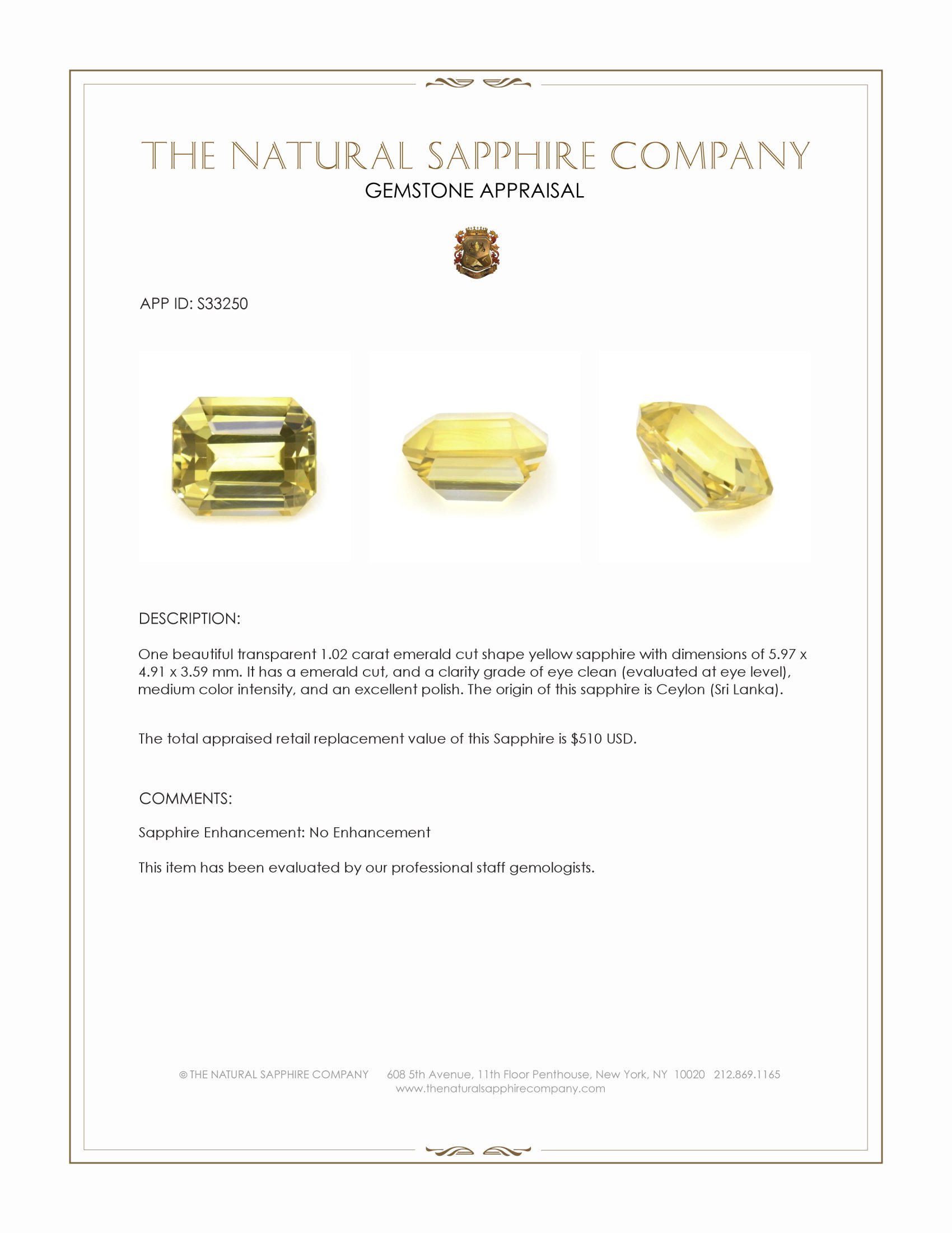 1.02 Ct. Yellow Sapphire from Ceylon (Sri Lanka)