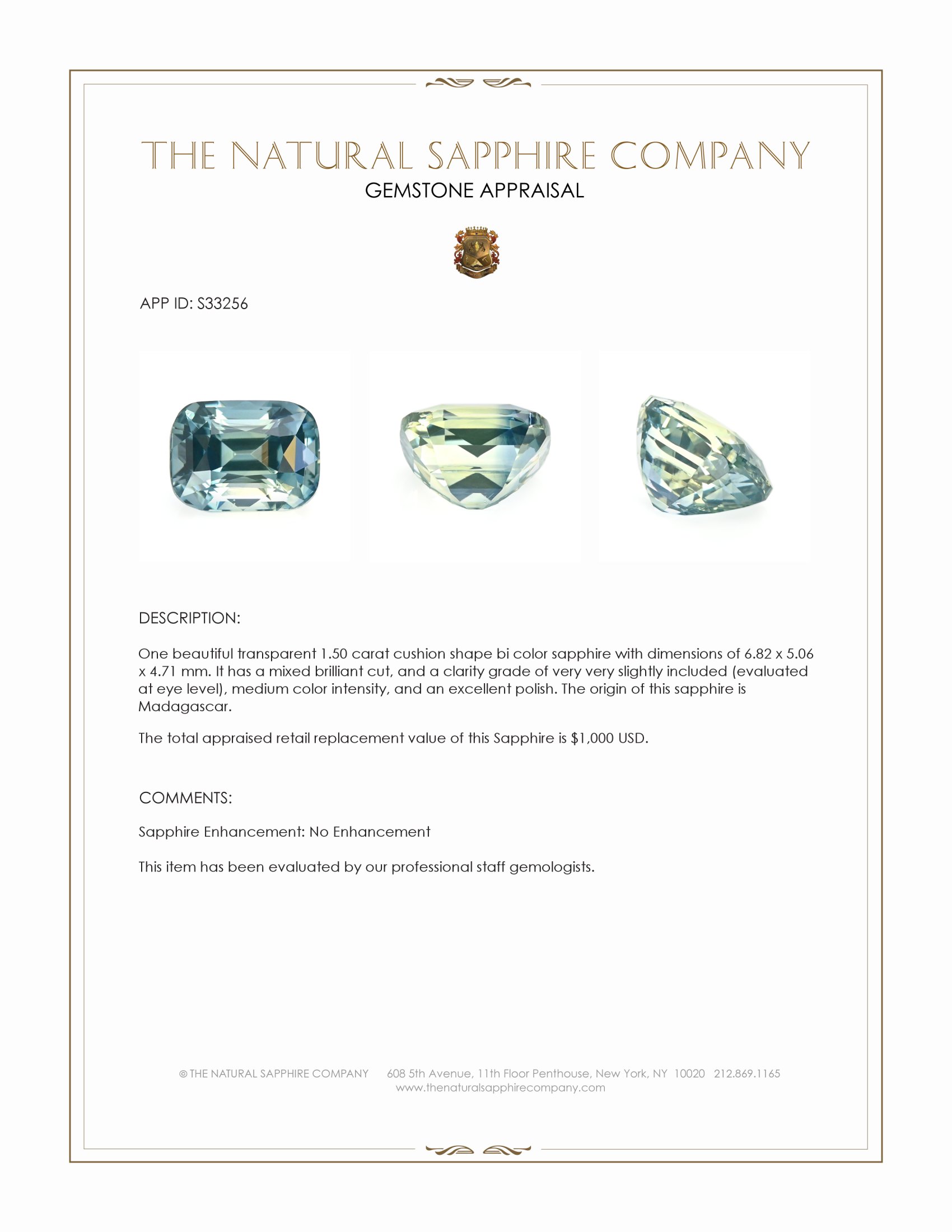 Loose Bi Color Sapphire - Cushion 1.50 Ct. - #S33256 | The Natural