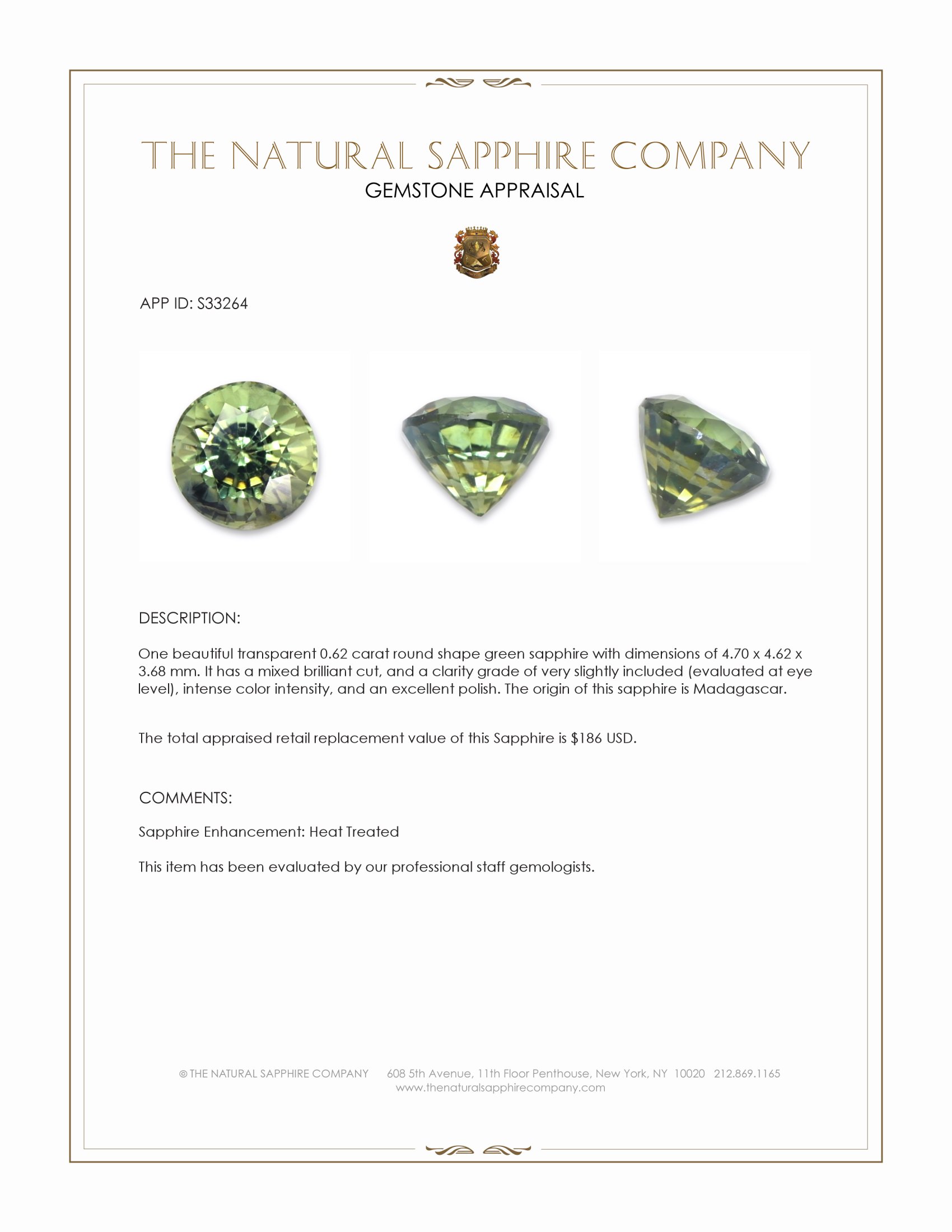 0.62 Ct. Green Sapphire from Madagascar