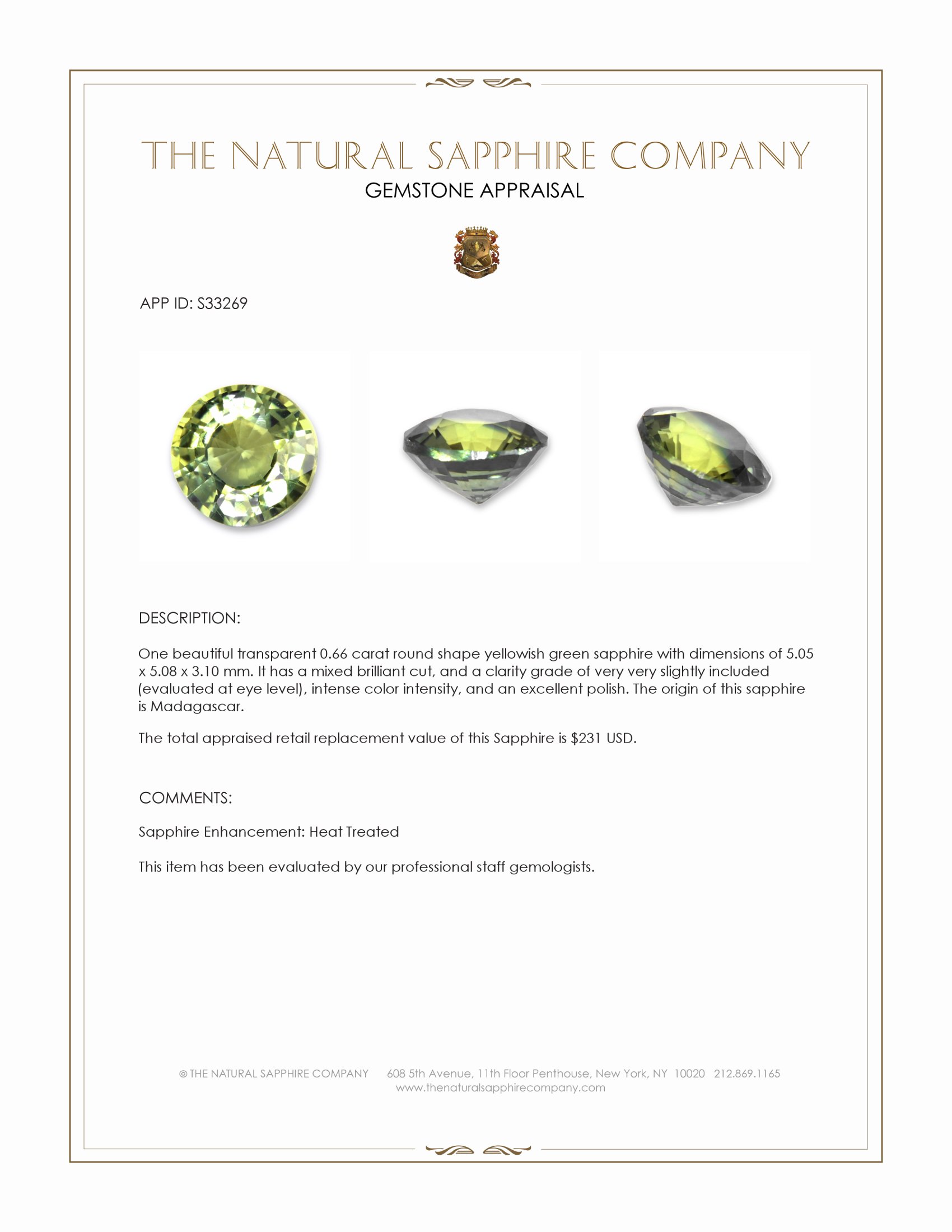 0.66 Ct. Yellowish Green Sapphire from Madagascar