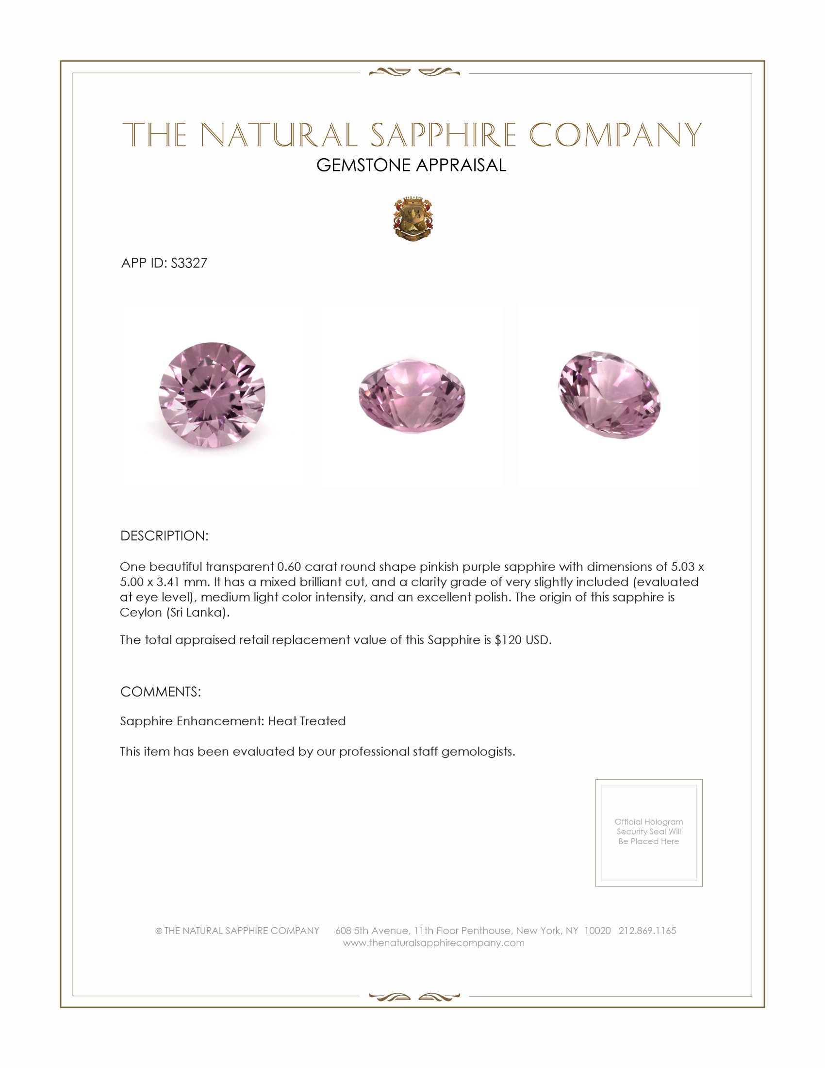 0.60 Ct. Pinkish Purple Sapphire from Ceylon (Sri Lanka)