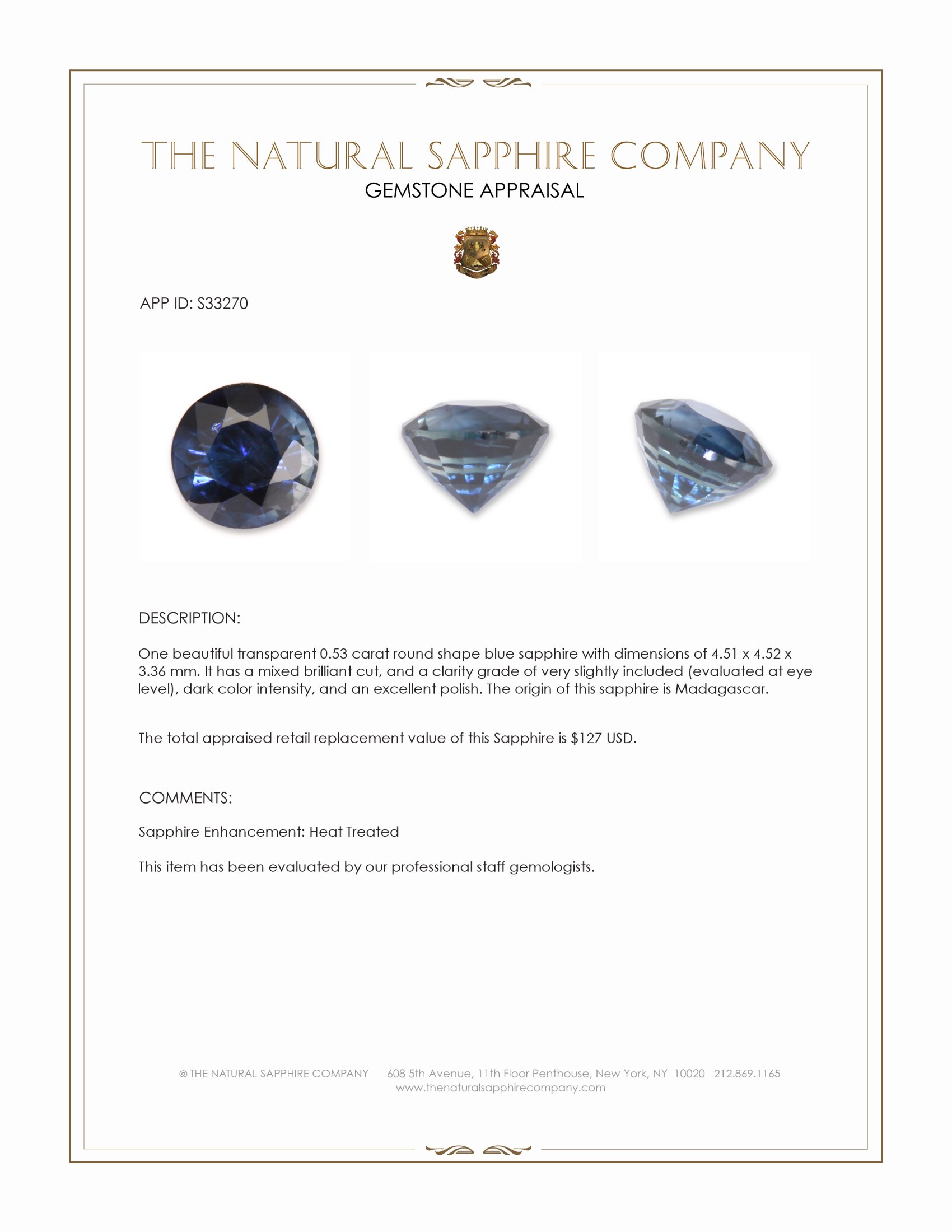 0.53 Ct. Blue Sapphire from Madagascar