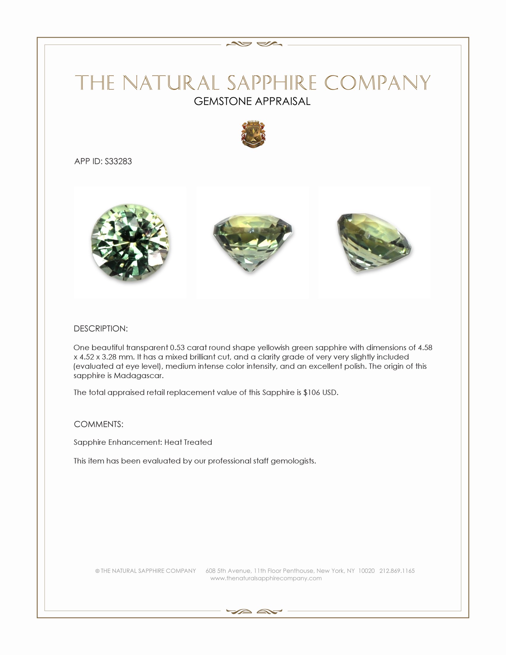 0.53 Ct. Yellowish Green Sapphire from Madagascar