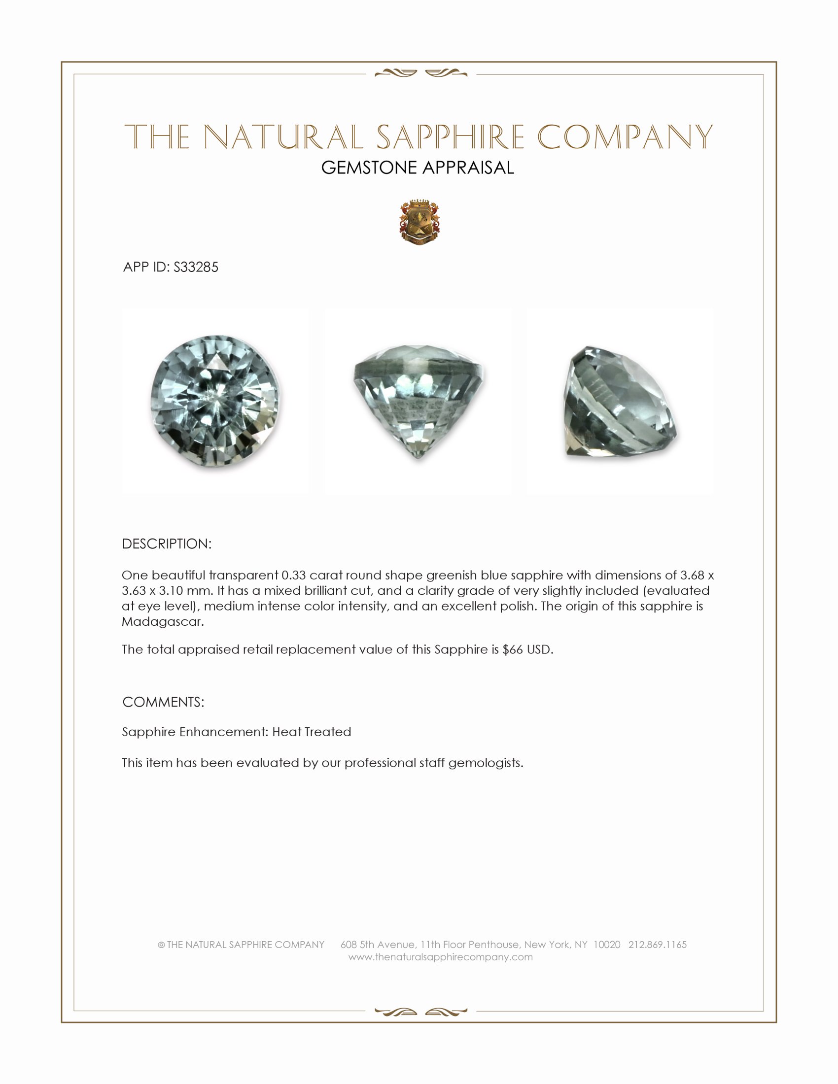 0.33 Ct. Greenish Blue Sapphire from Madagascar