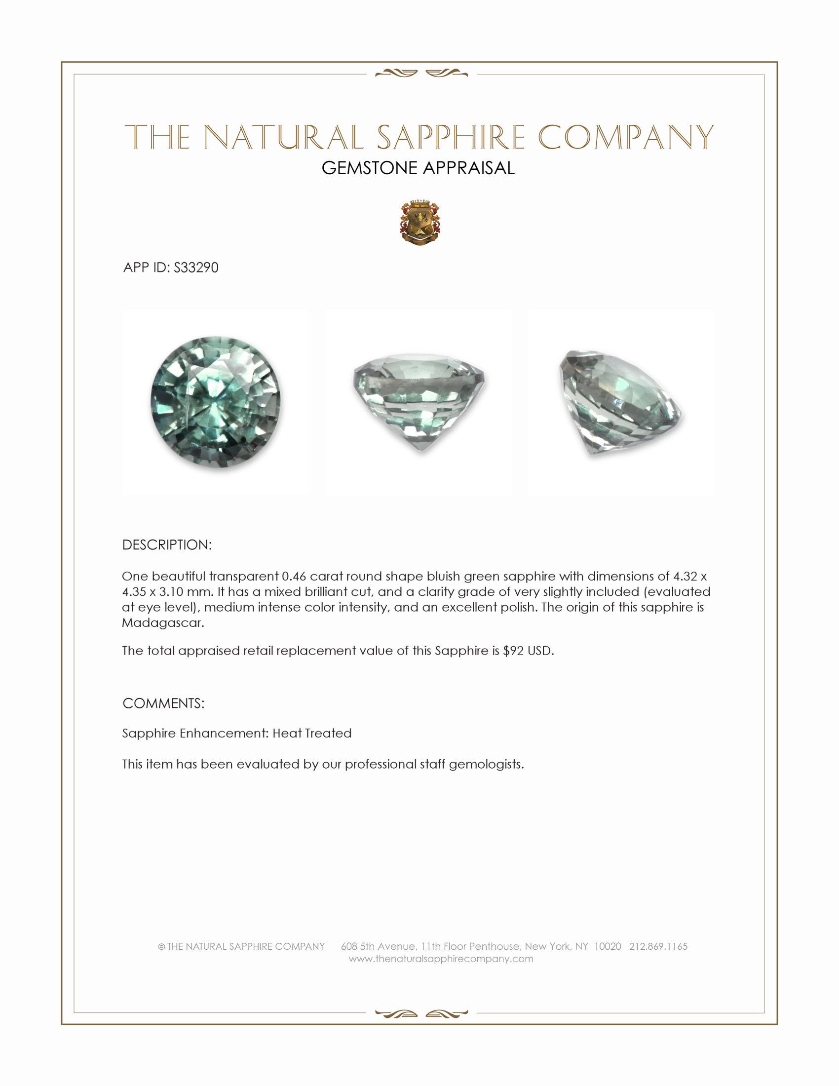 0.46 Ct. Bluish Green Sapphire from Madagascar