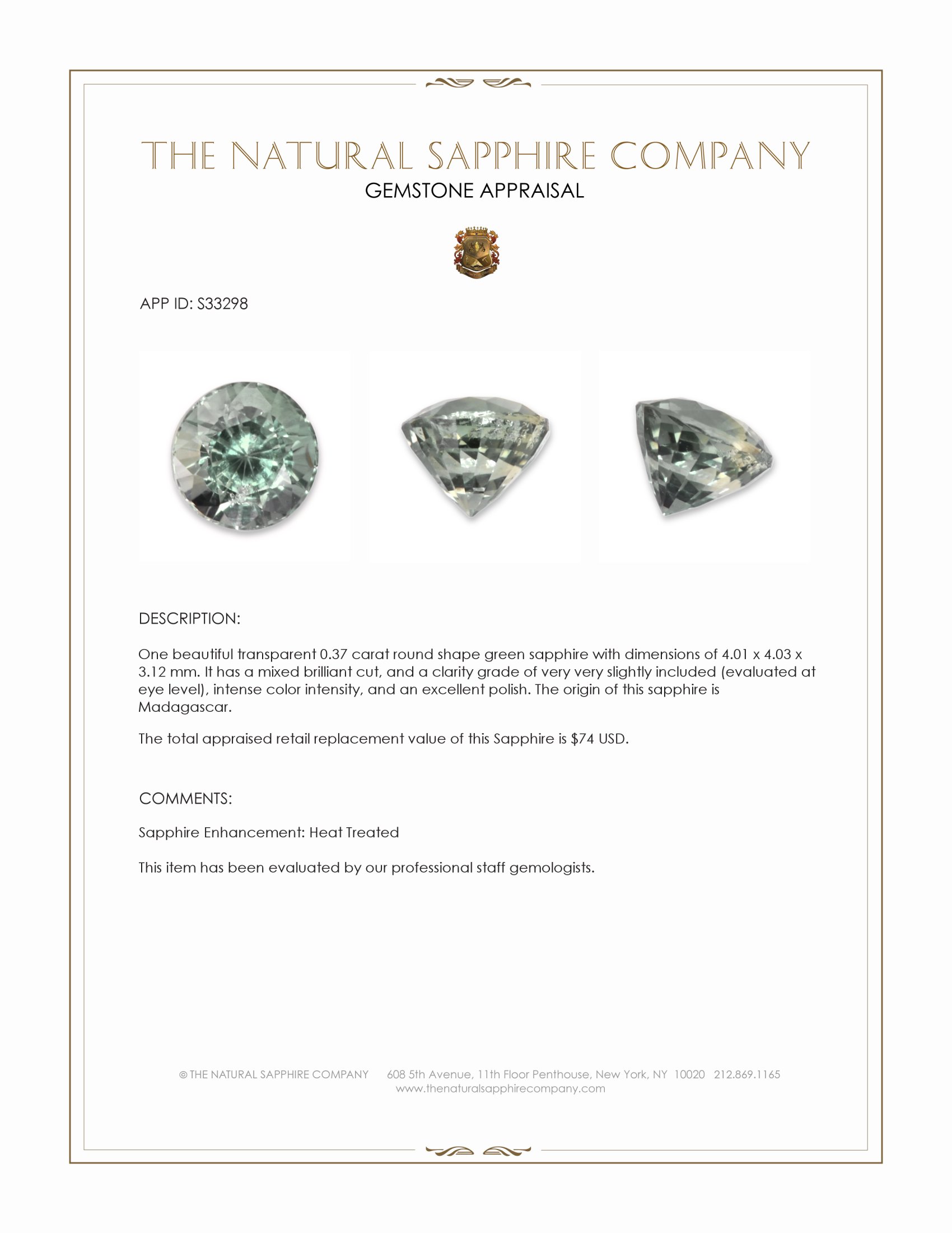 0.37 Ct. Green Sapphire from Madagascar